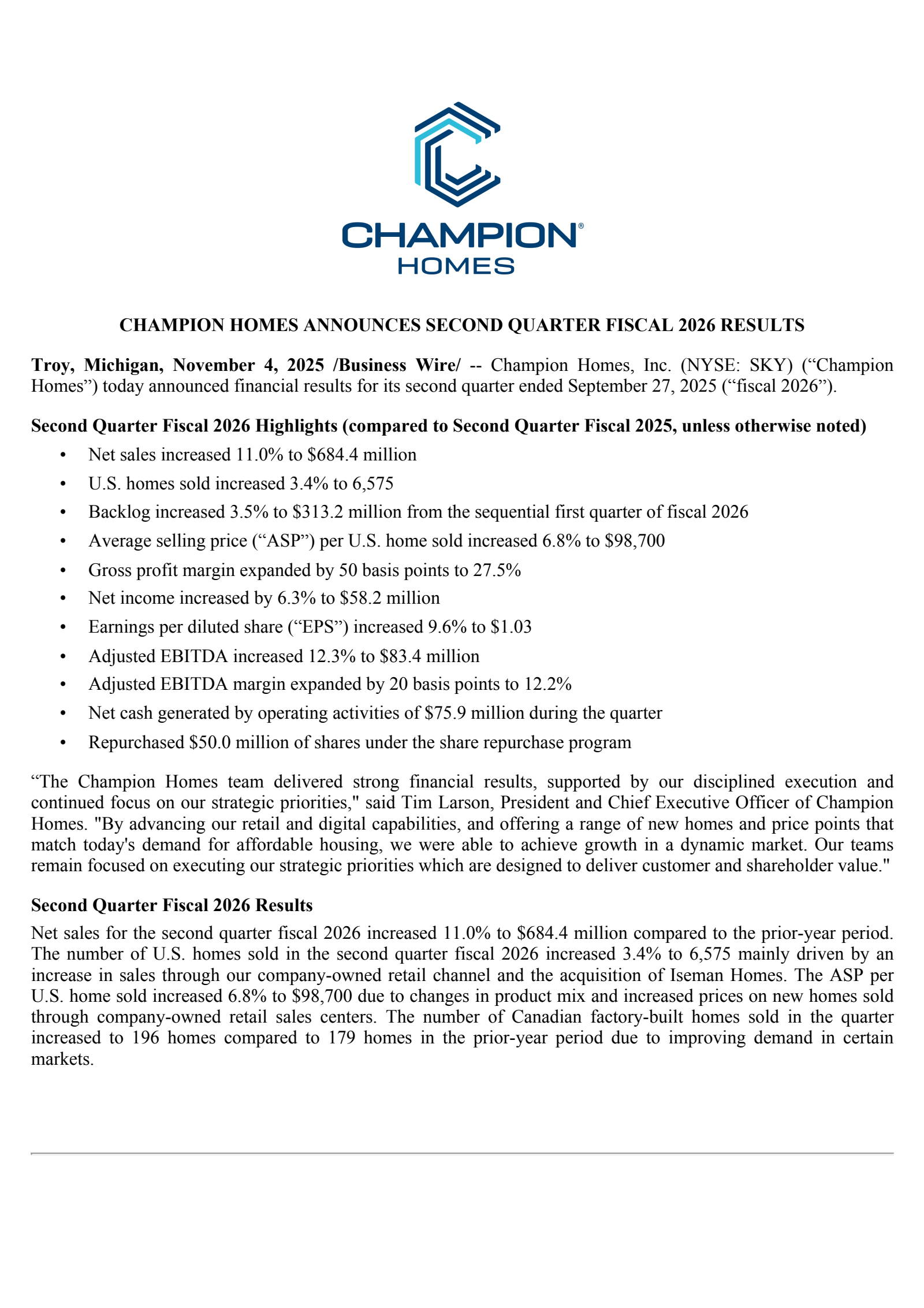 Champion Homes' Q2 2026 Earnings Release