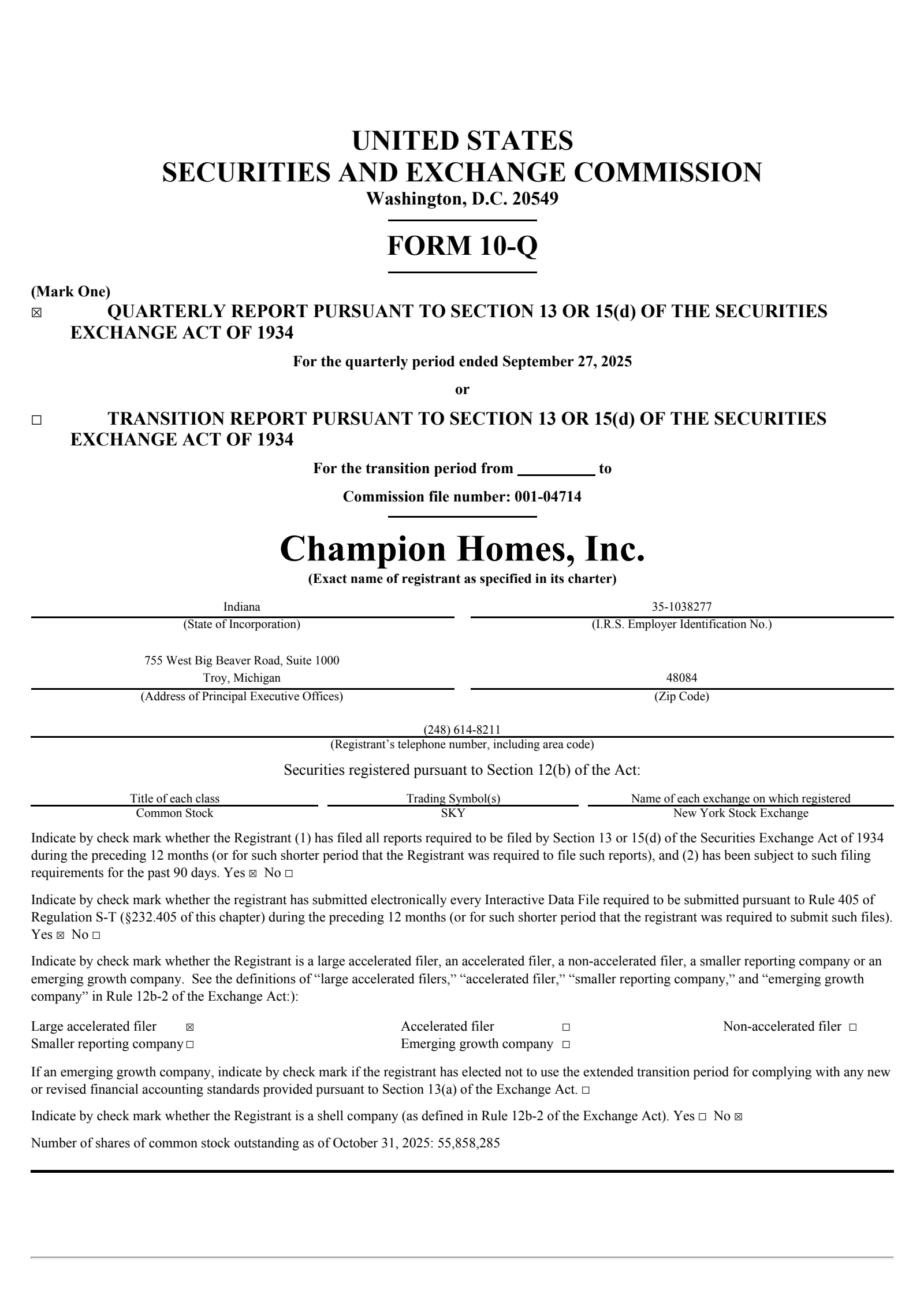 Champion Homes' Q2 2026 Quarterly Report