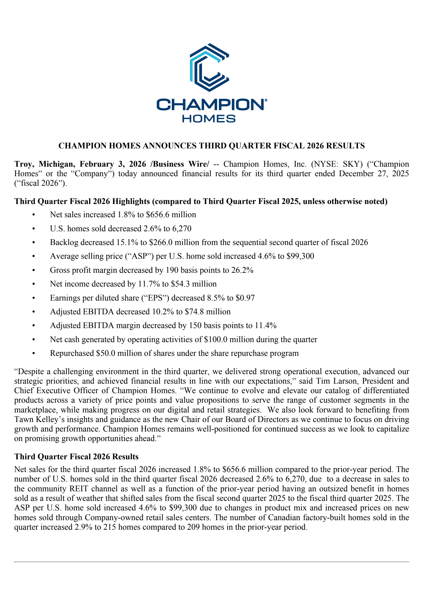 Champion Homes' Q3 2026 Press Release