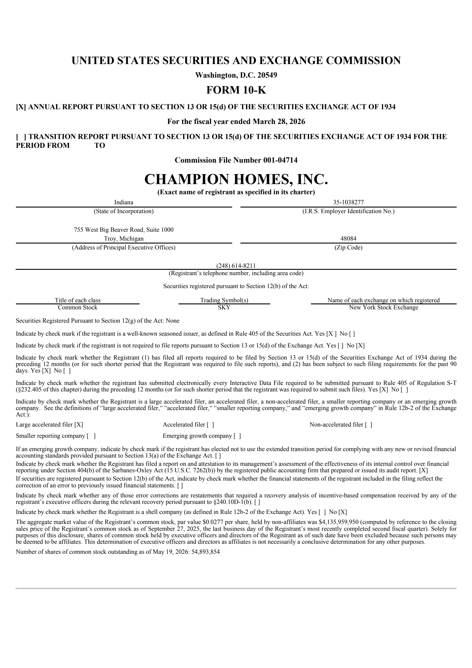 Champion Homes' Q4 2026 Annual report