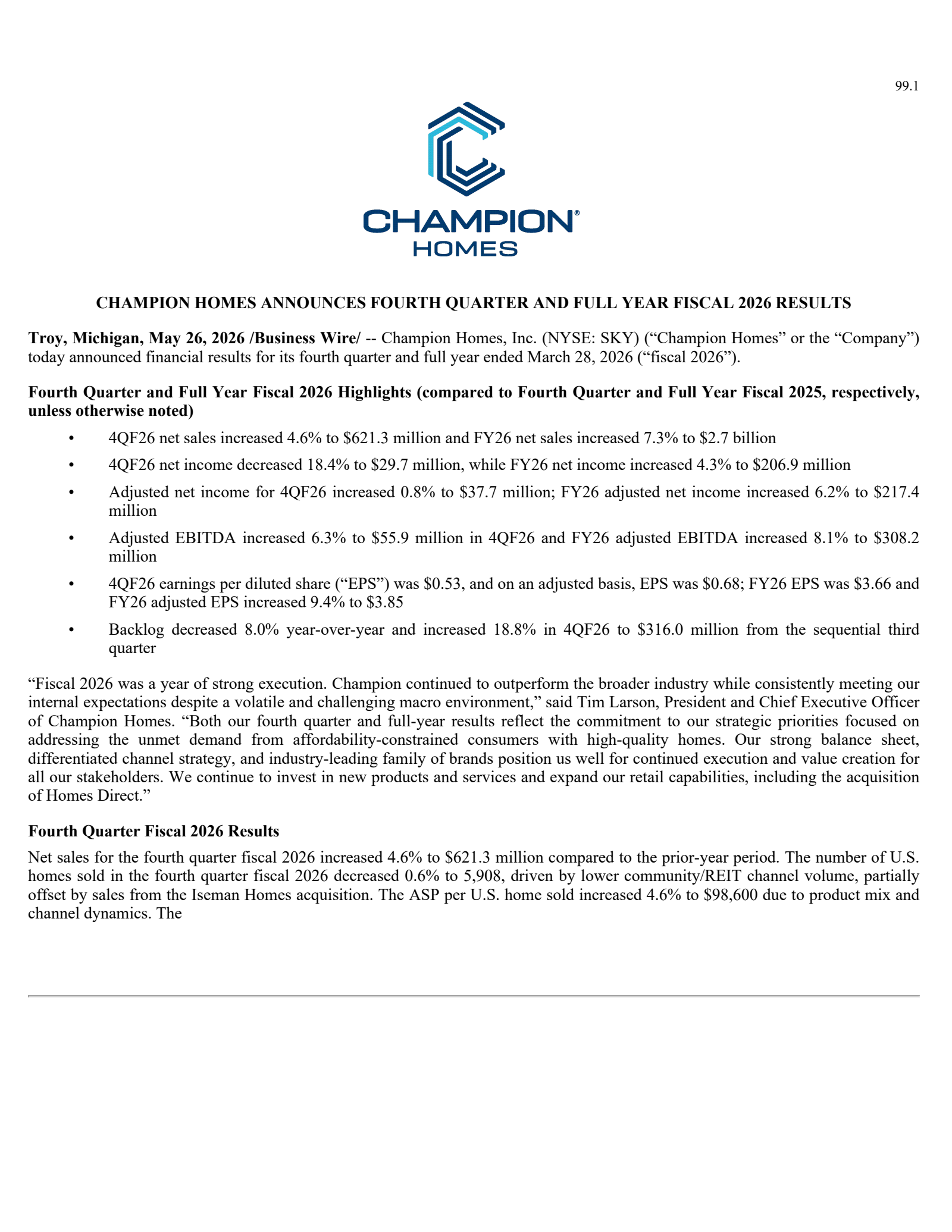 Champion Homes' Q4 2026 Press Release