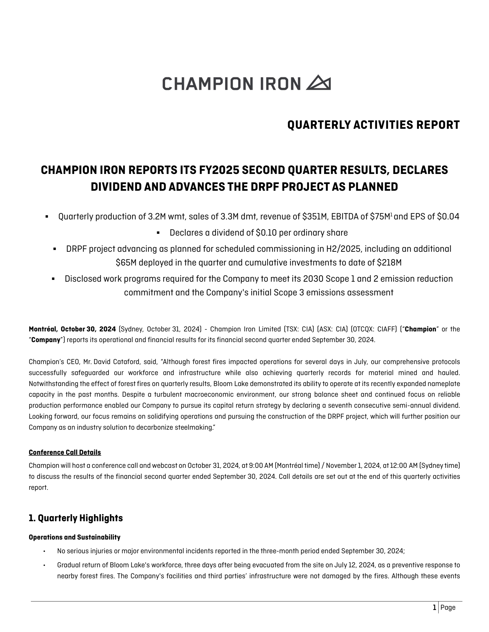 Champion Iron's Q2 2025 Press Release
