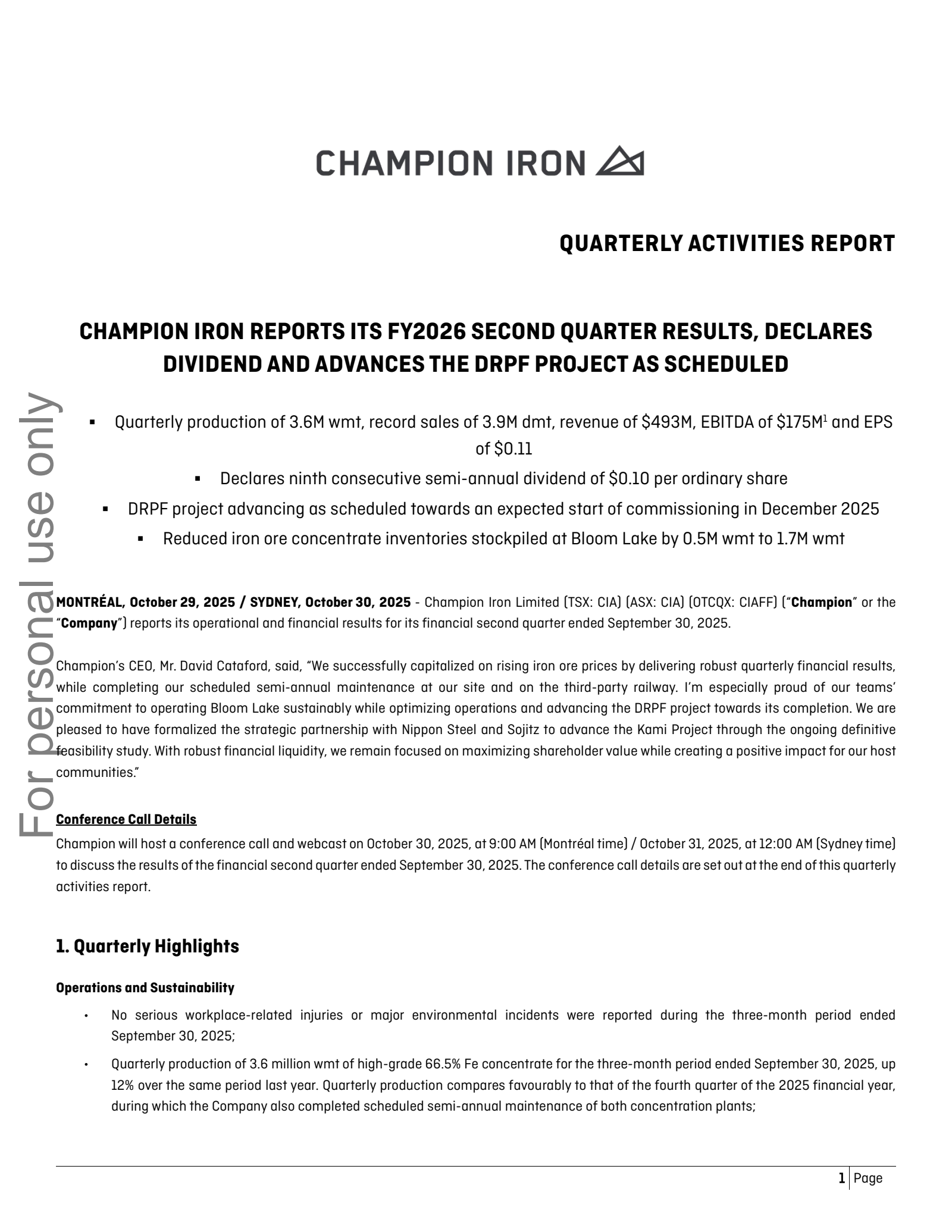 Champion Iron's Q2 2026 Earnings Release