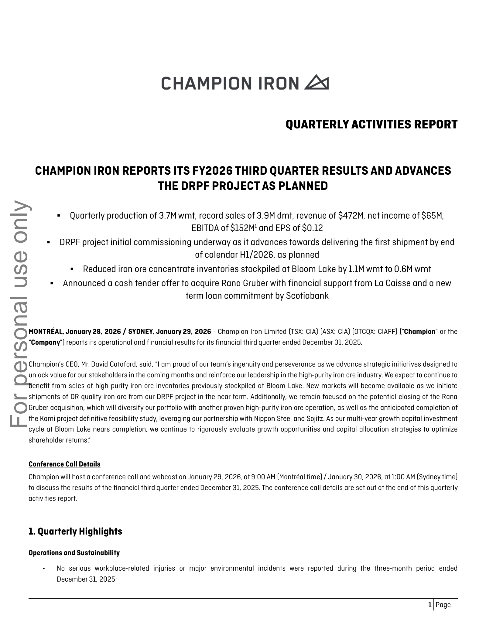 Champion Iron's Q3 2026 Press Release