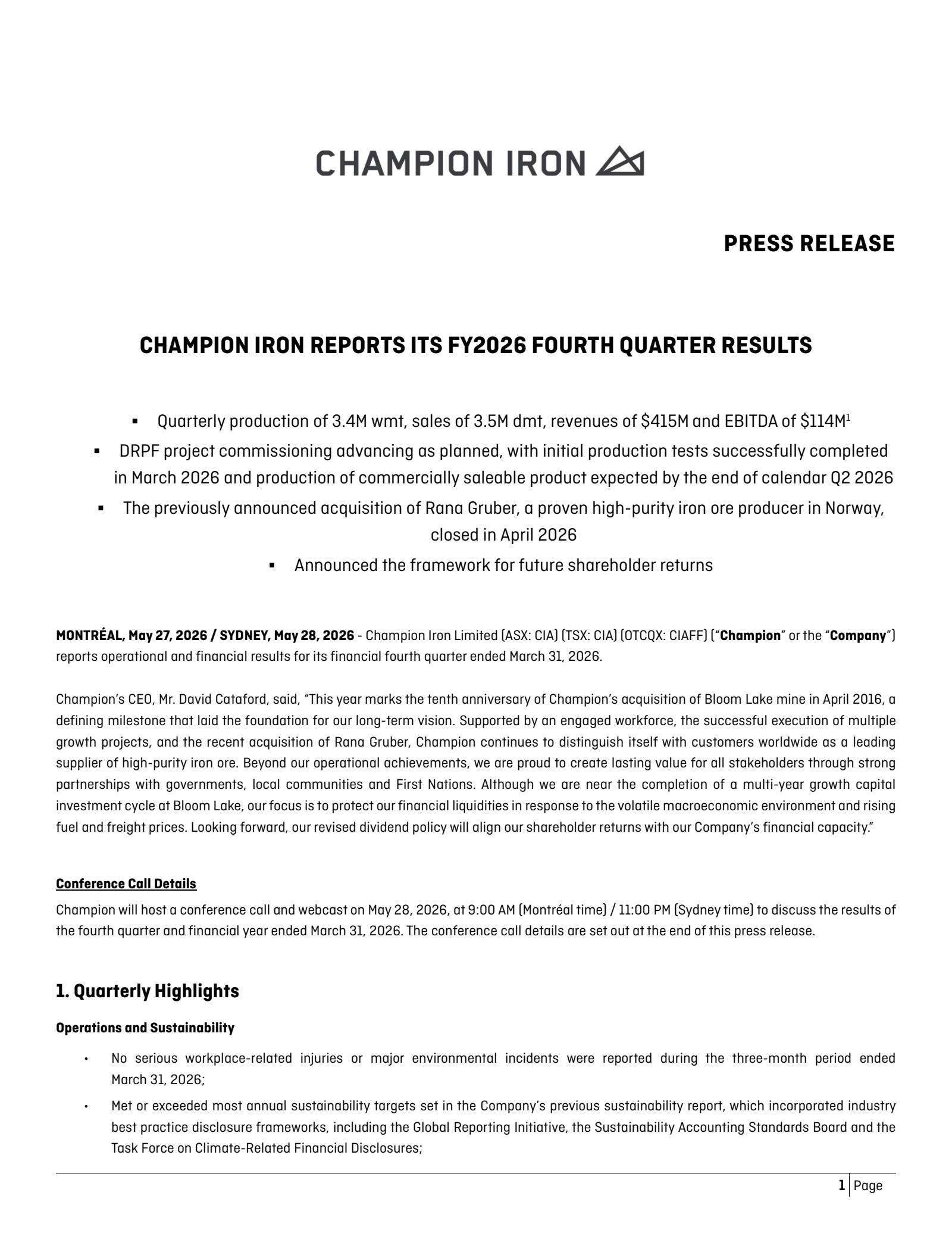 Champion Iron's Q4 2026 Press Release