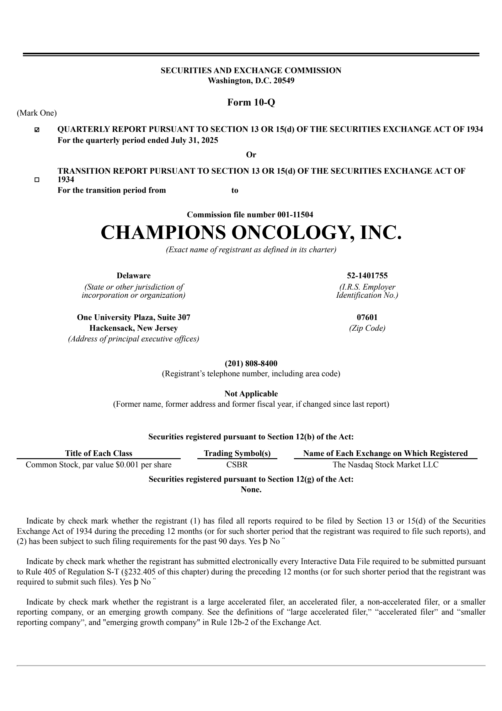 Champions Oncology's Q1 2026 Quarterly Report
