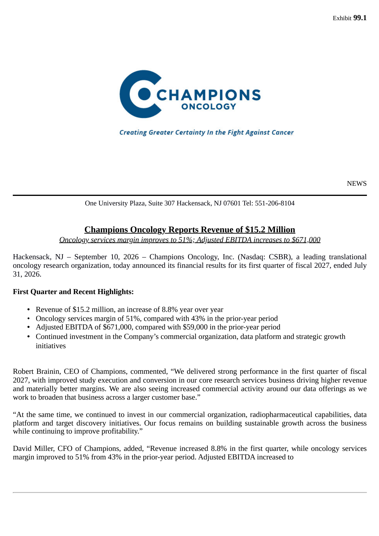 Champions Oncology's Q1 2027 Press Release