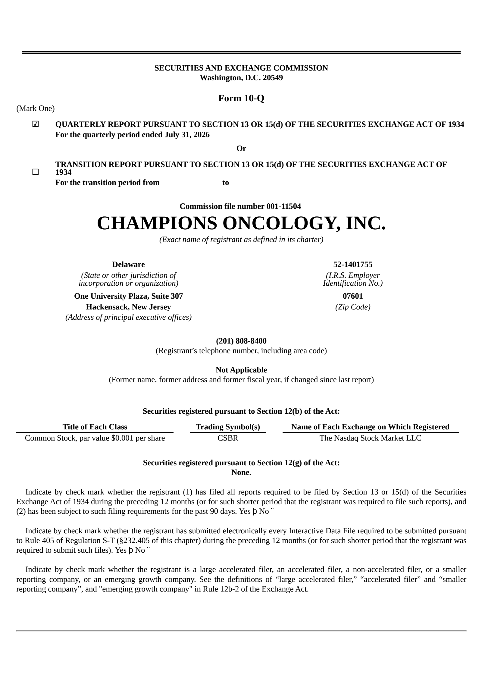 Champions Oncology's Q1 2027 Quarterly report