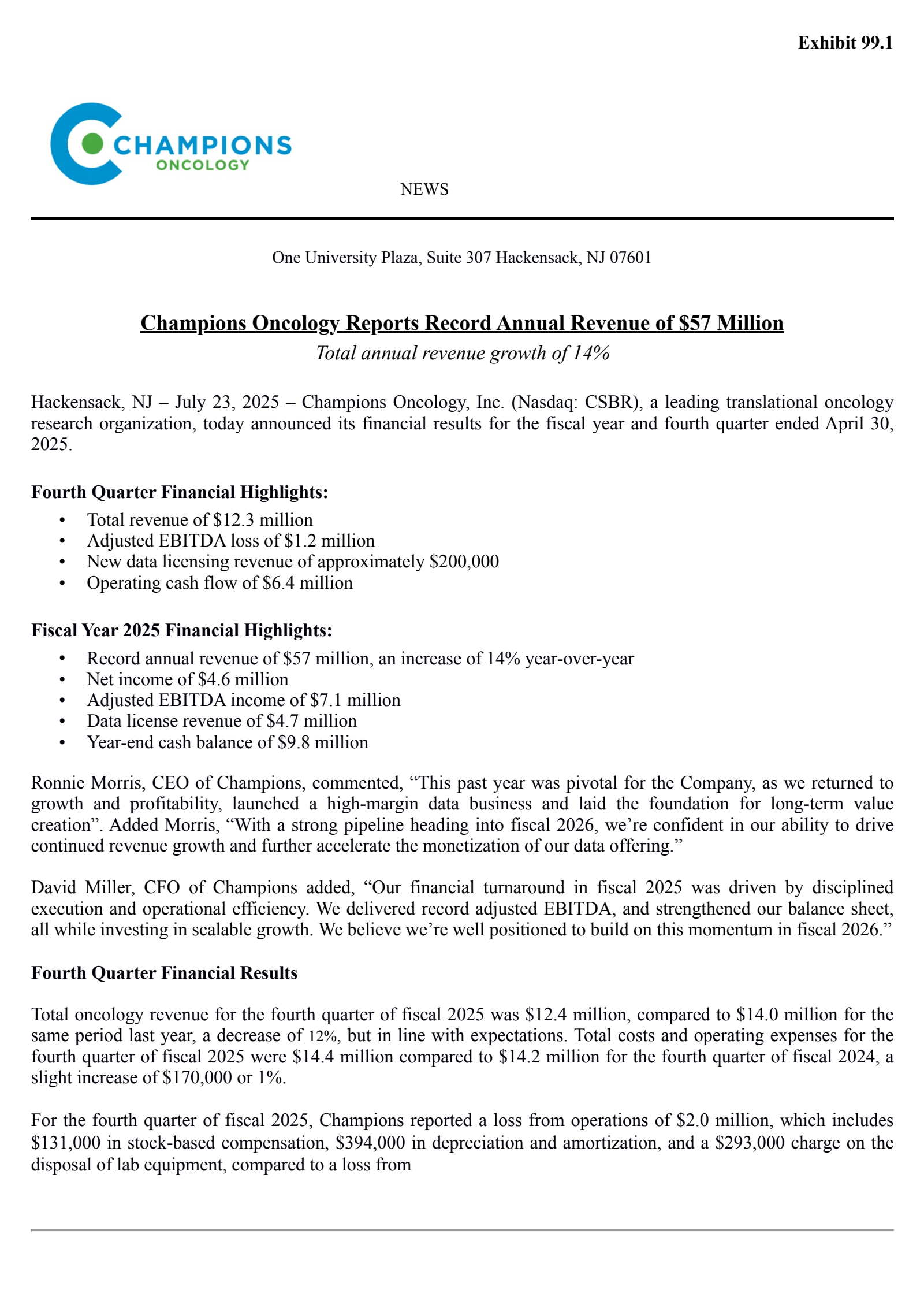 Champions Oncology's Q4 2025 Press Release