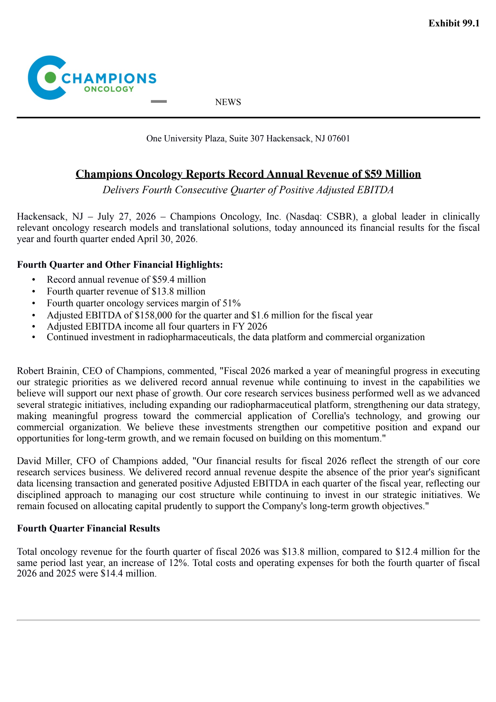 Champions Oncology's Q4 2026 Press Release