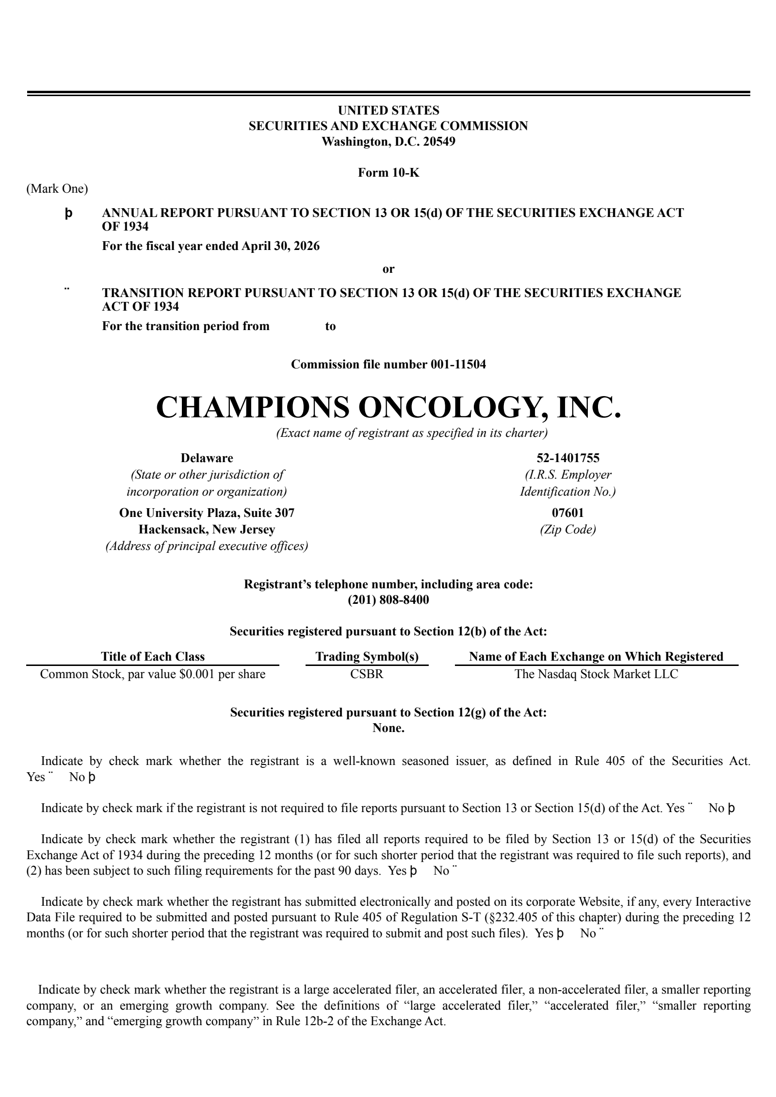 Champions Oncology's Q4 2026 Annual report