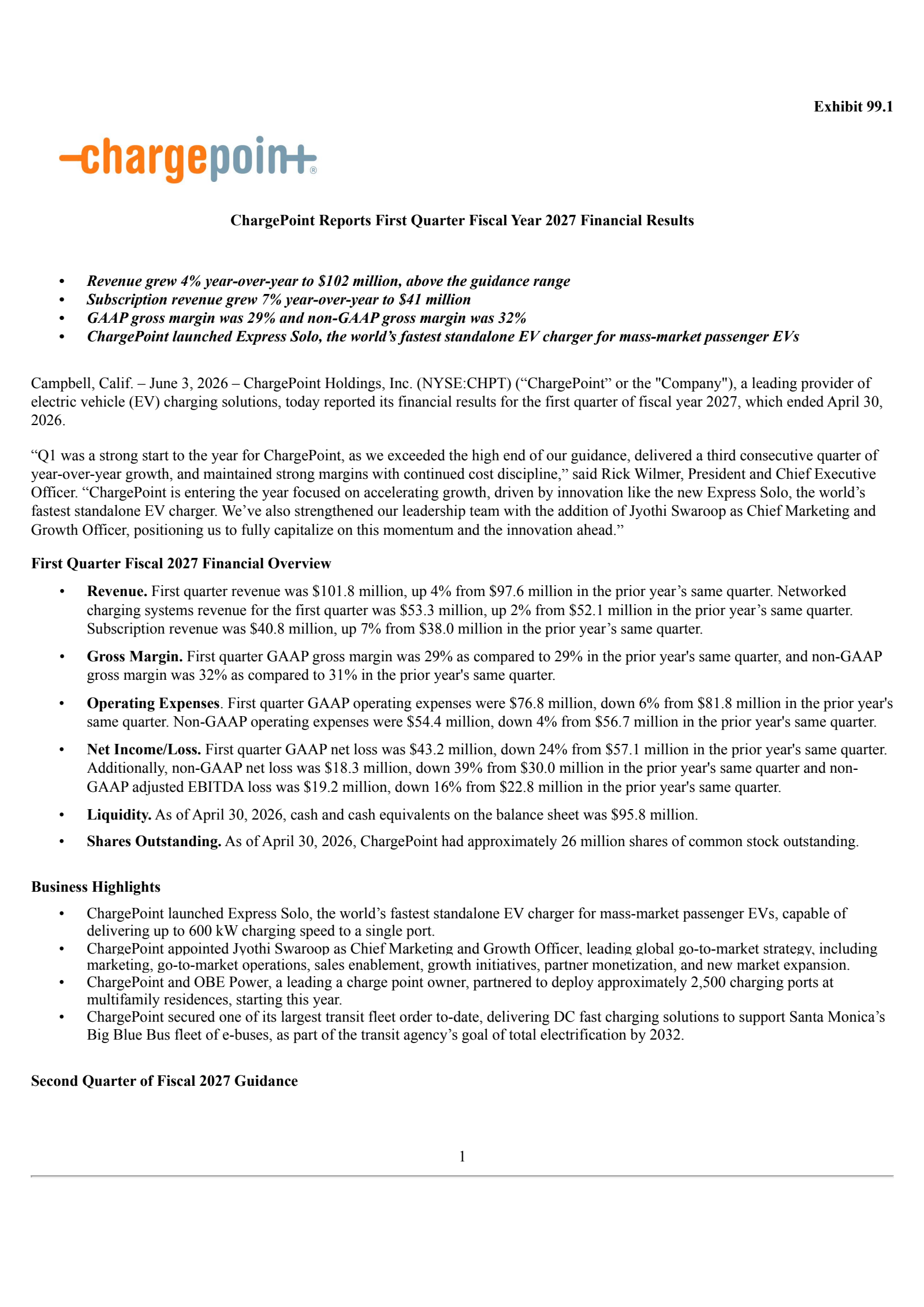 ChargePoint's Q1 2027 Press Release