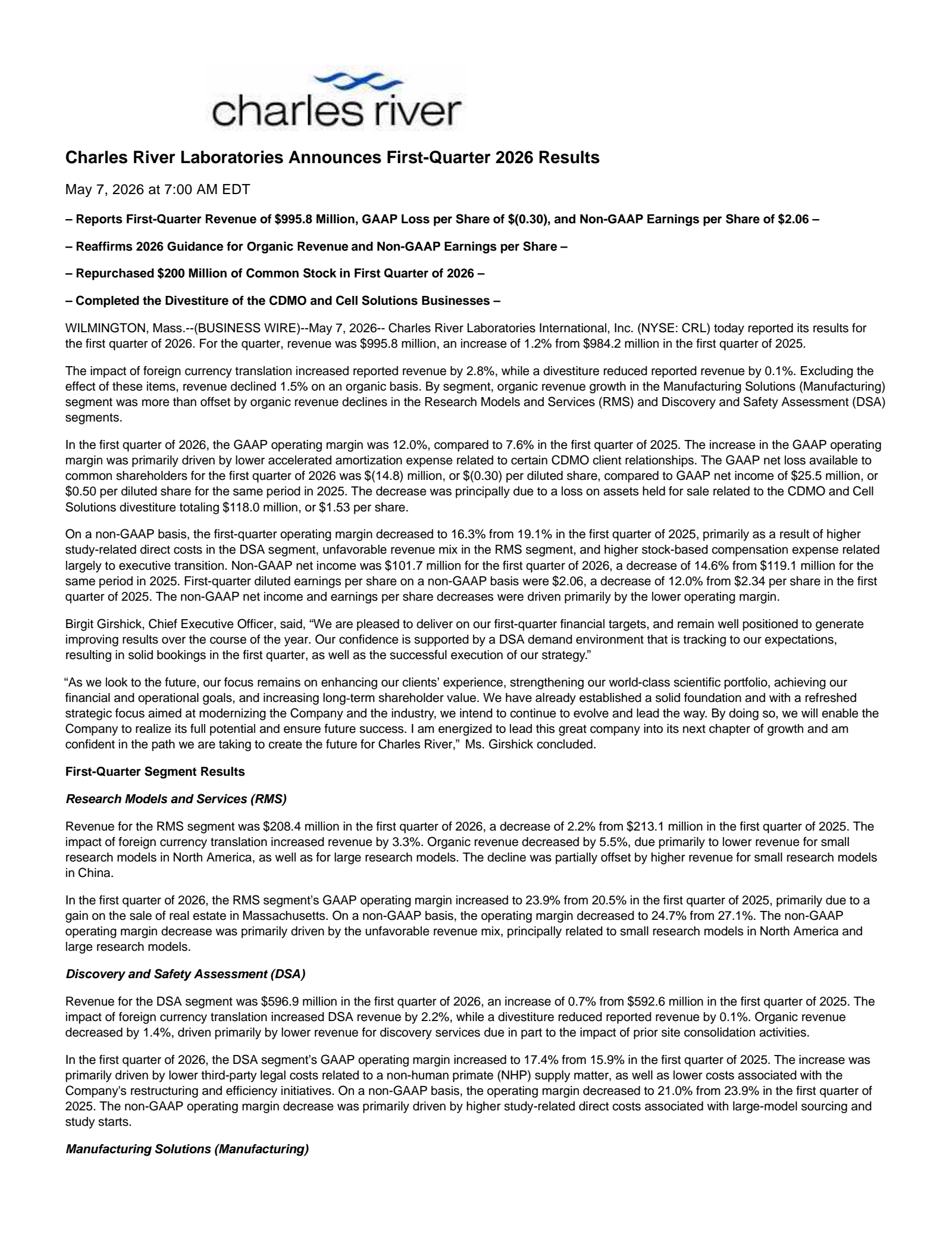 Charles River Laboratories International's Q1 2026 Press Release