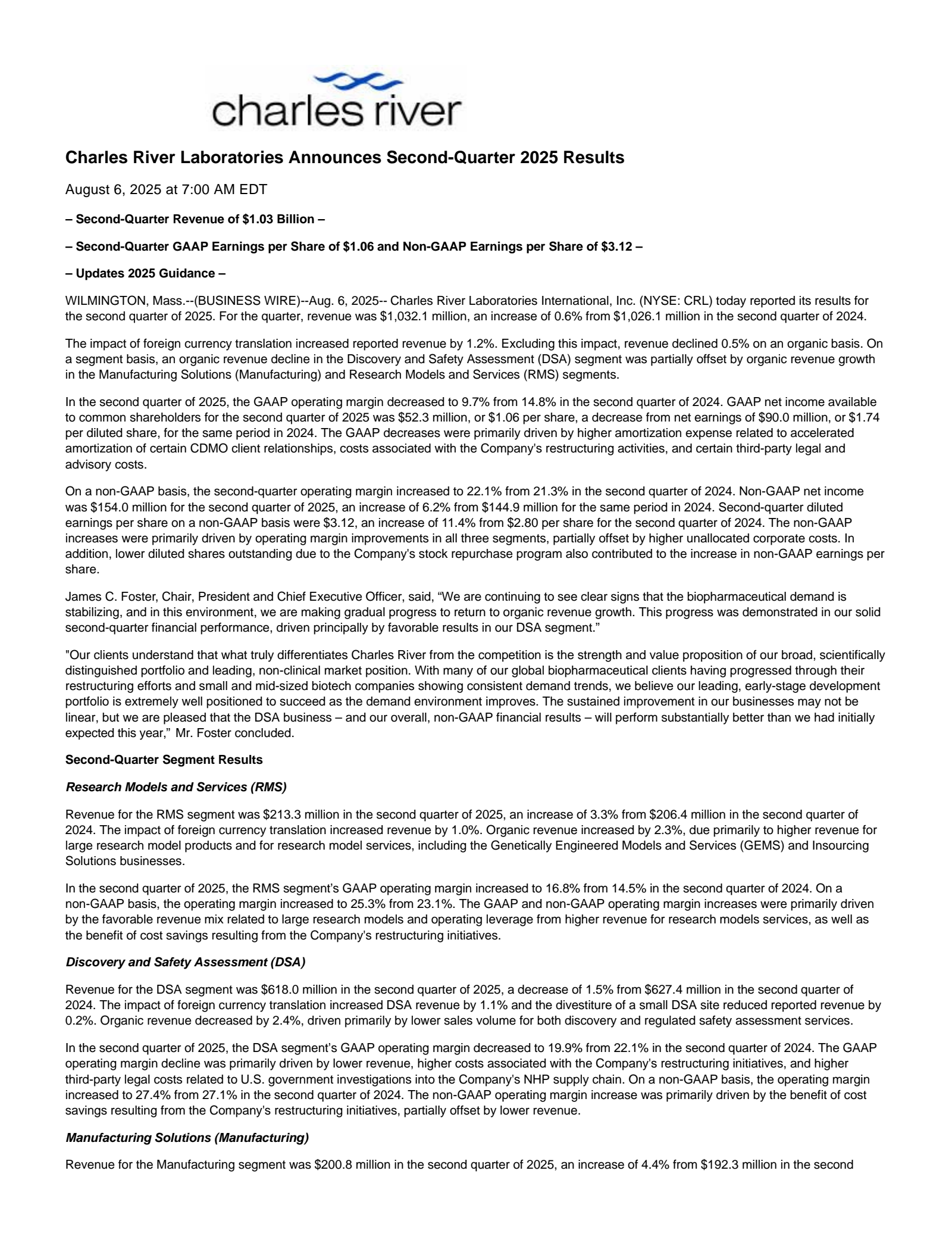 Charles River Laboratories International's Q2 2025 Press Release