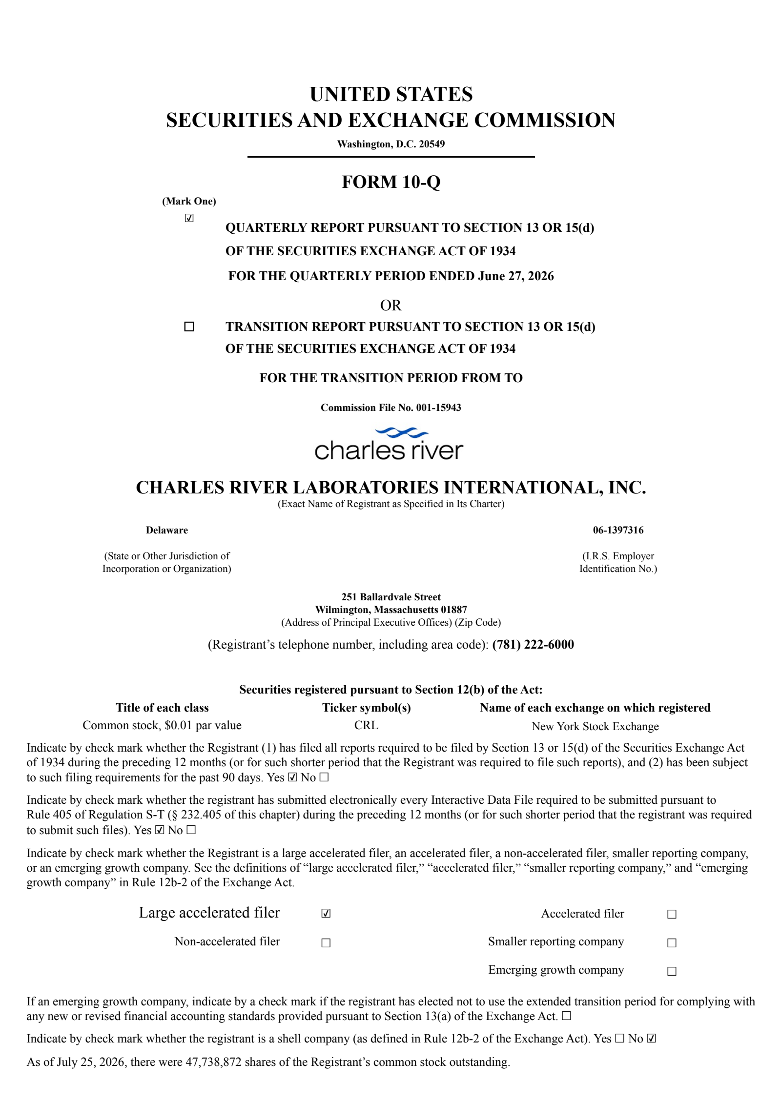 Charles River Laboratories International's Q2 2026 Quarterly report
