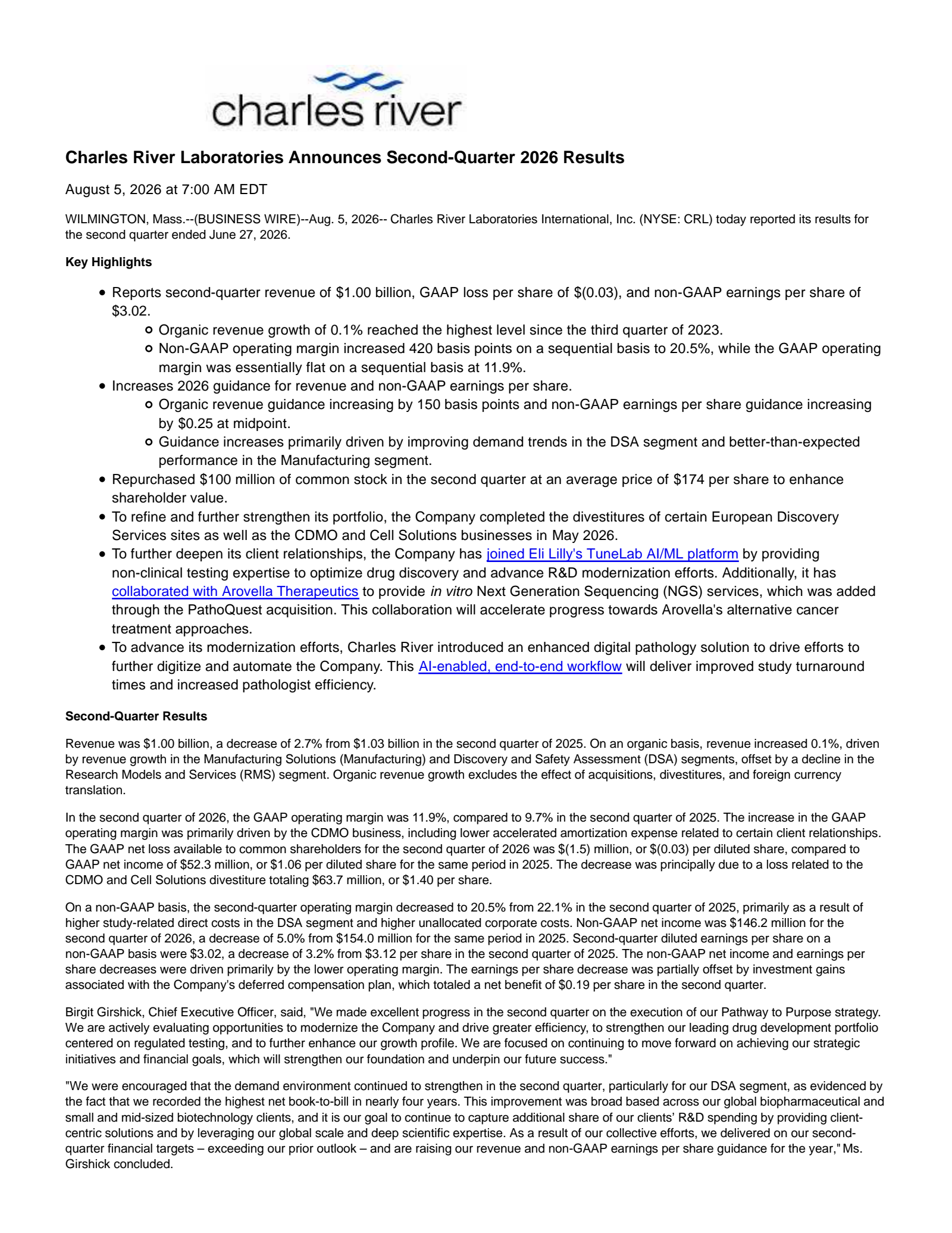 Charles River Laboratories International's Q2 2026 Press Release
