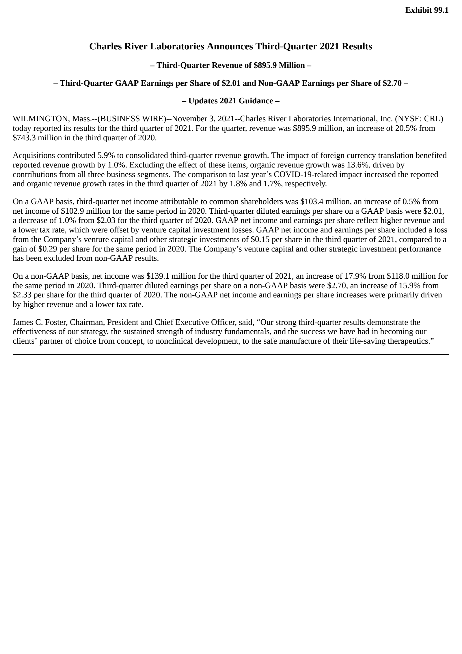 Charles River Laboratories International's Q3 2021 Earnings Release