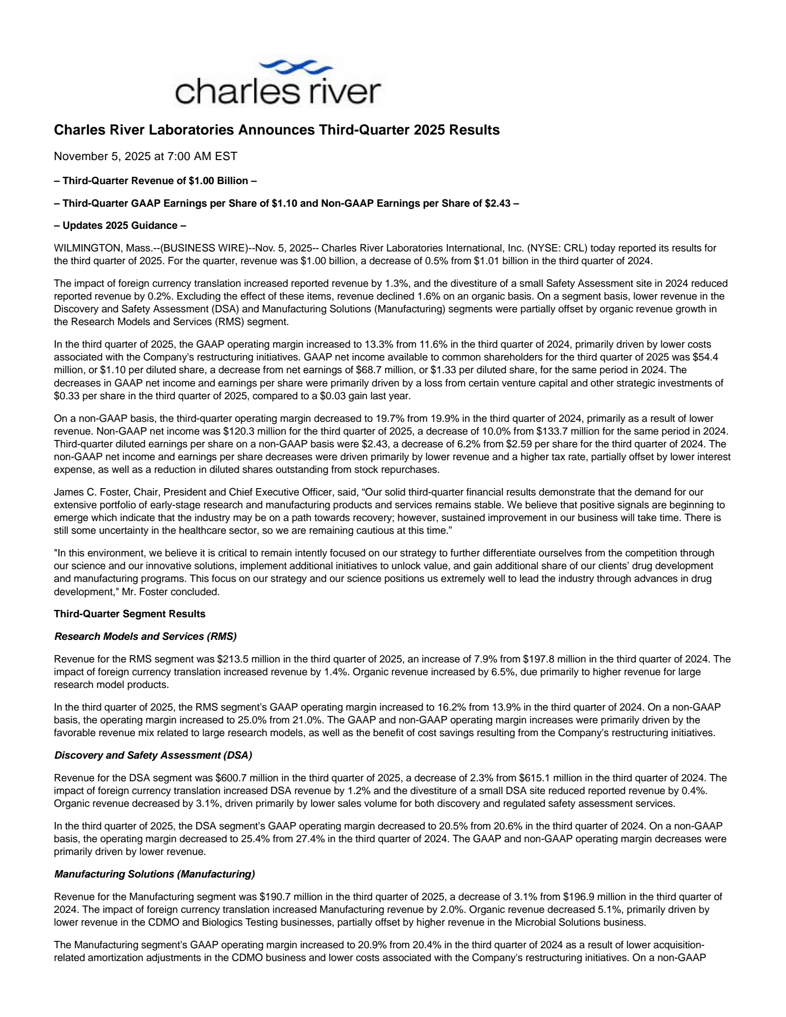 Charles River Laboratories International's Q3 2025 Earnings Release