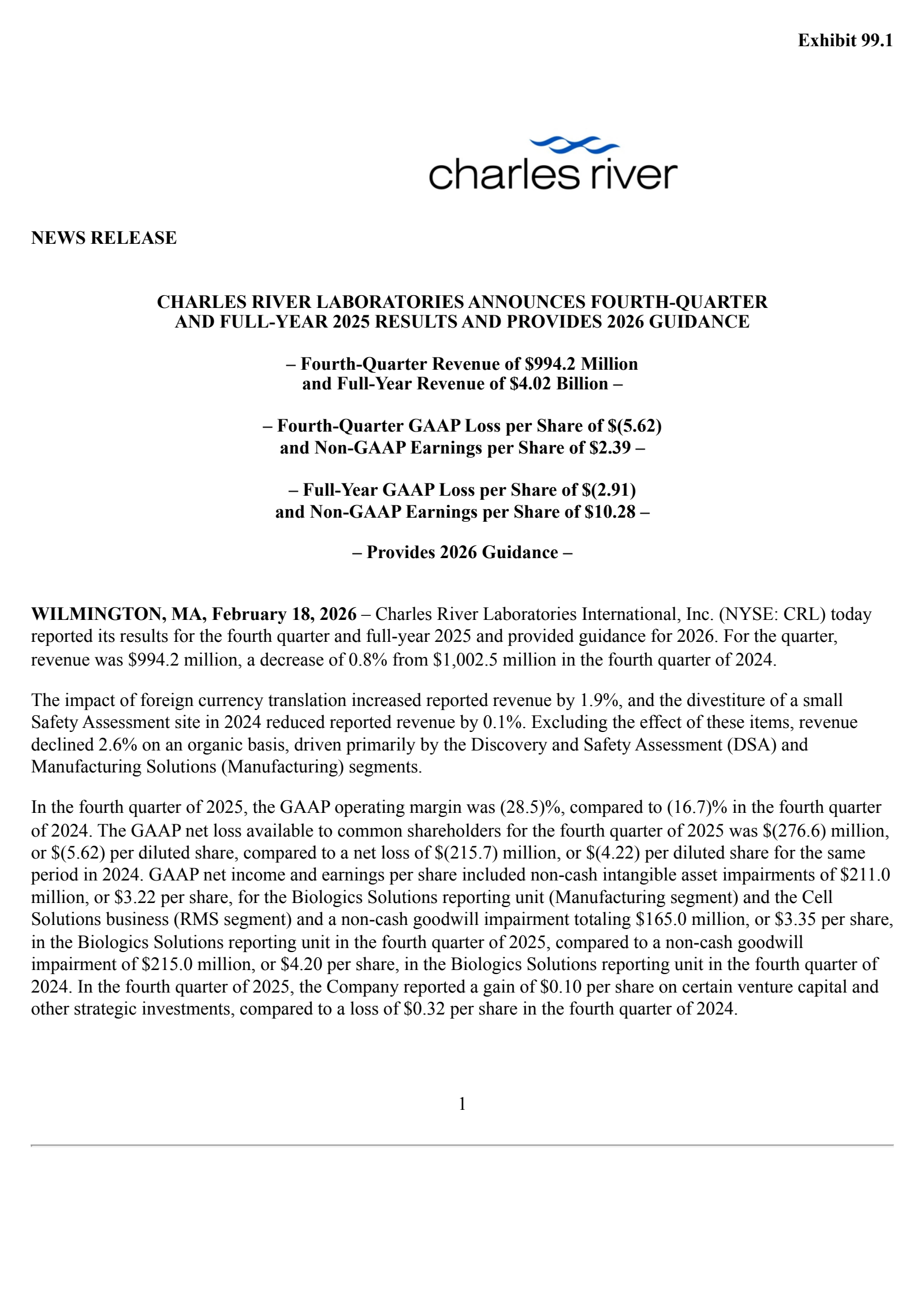 Charles River Laboratories International's Q4 2025 Press Release