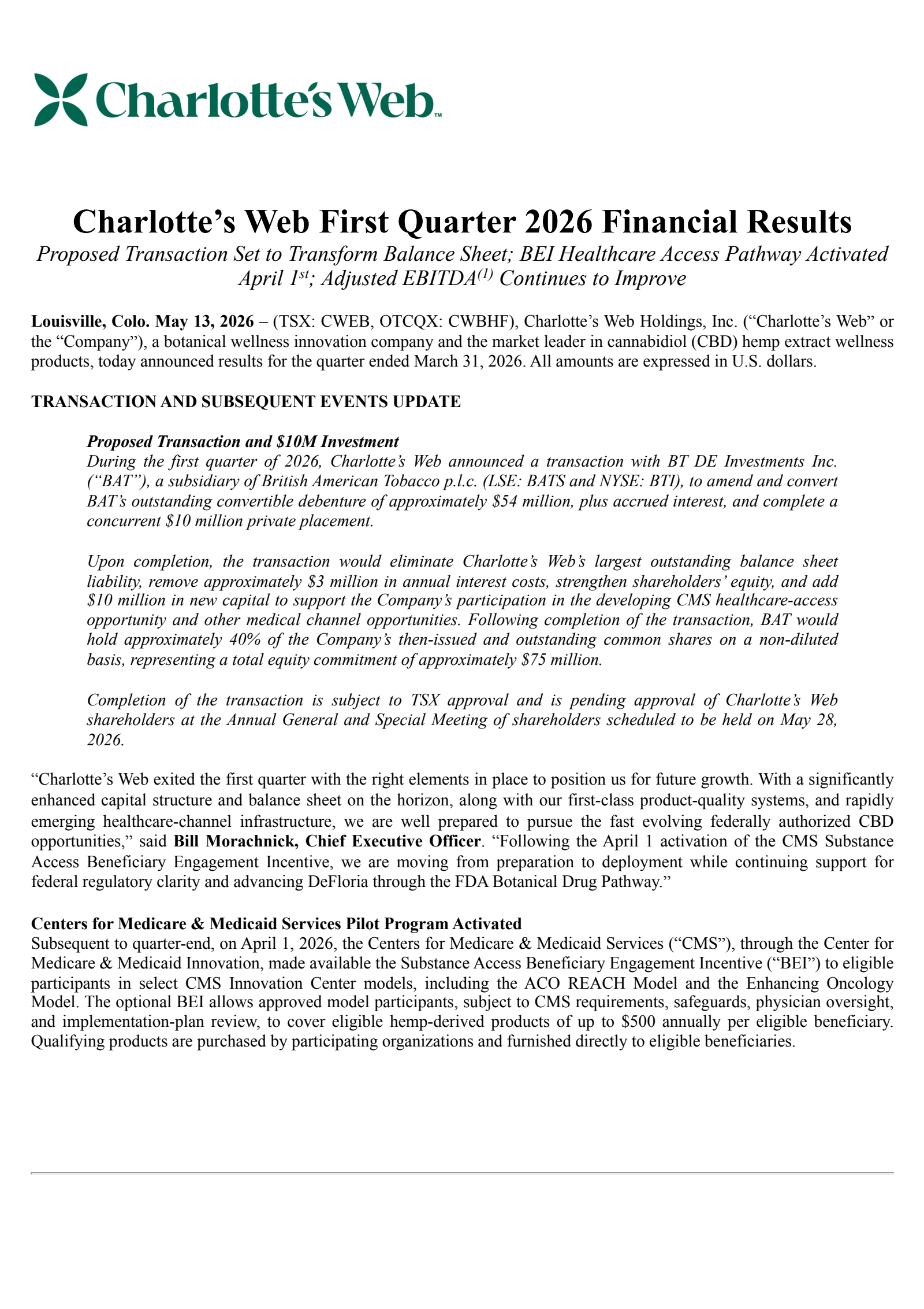 Charlotte's Web's Q1 2026 Press Release
