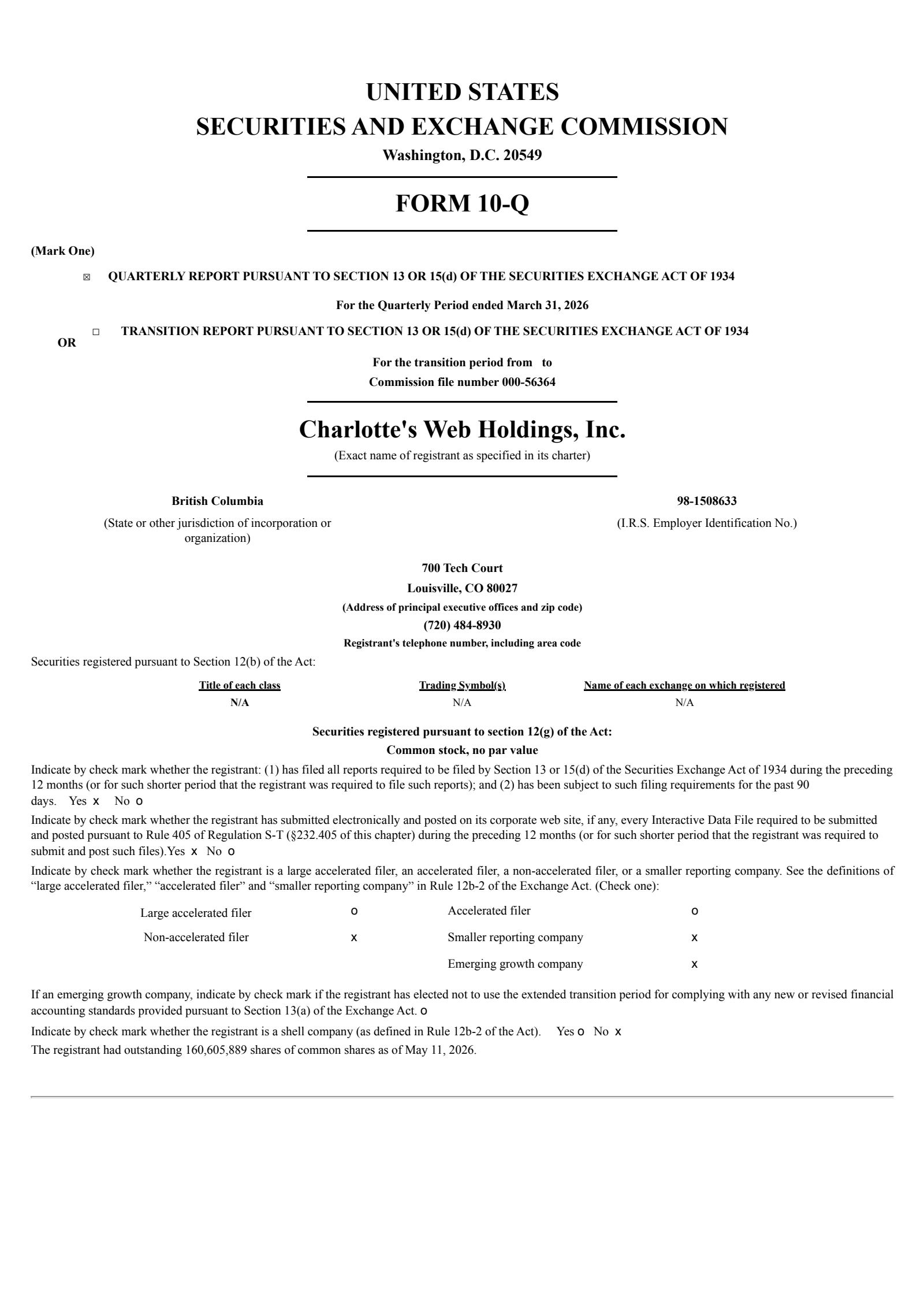 Charlotte's Web's Q1 2026 Quarterly report