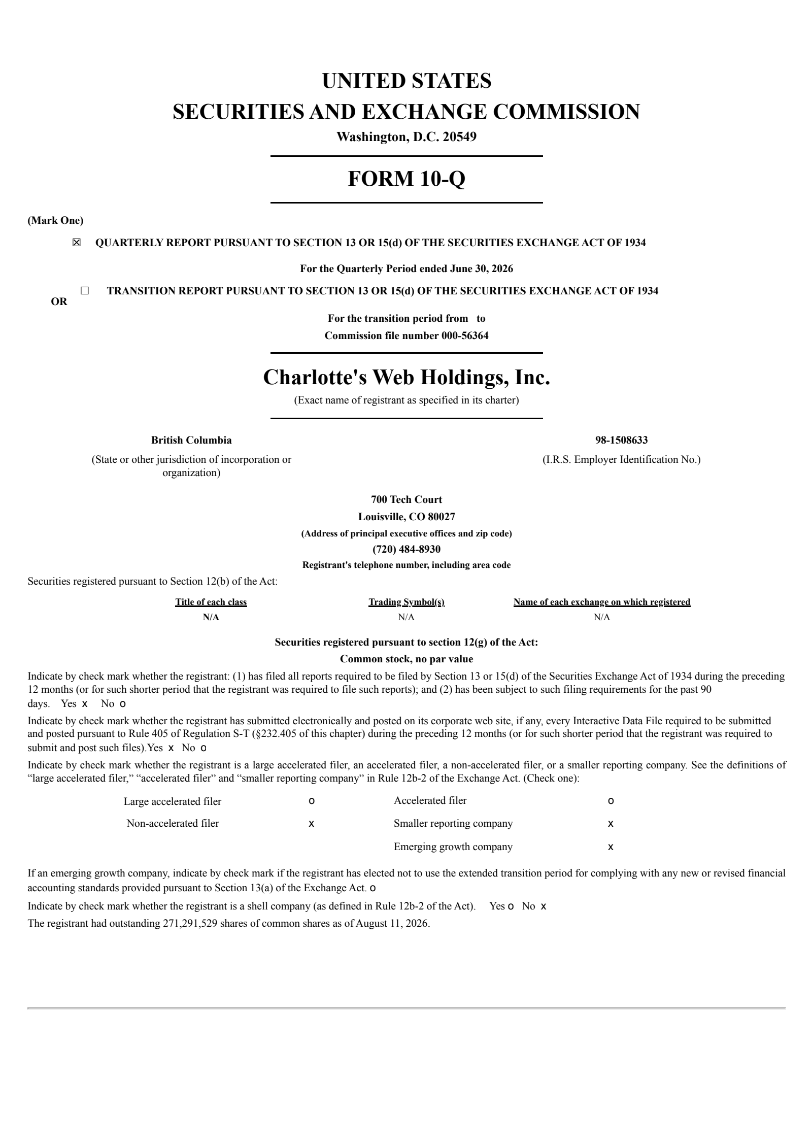 Charlotte's Web's Q2 2026 Quarterly report