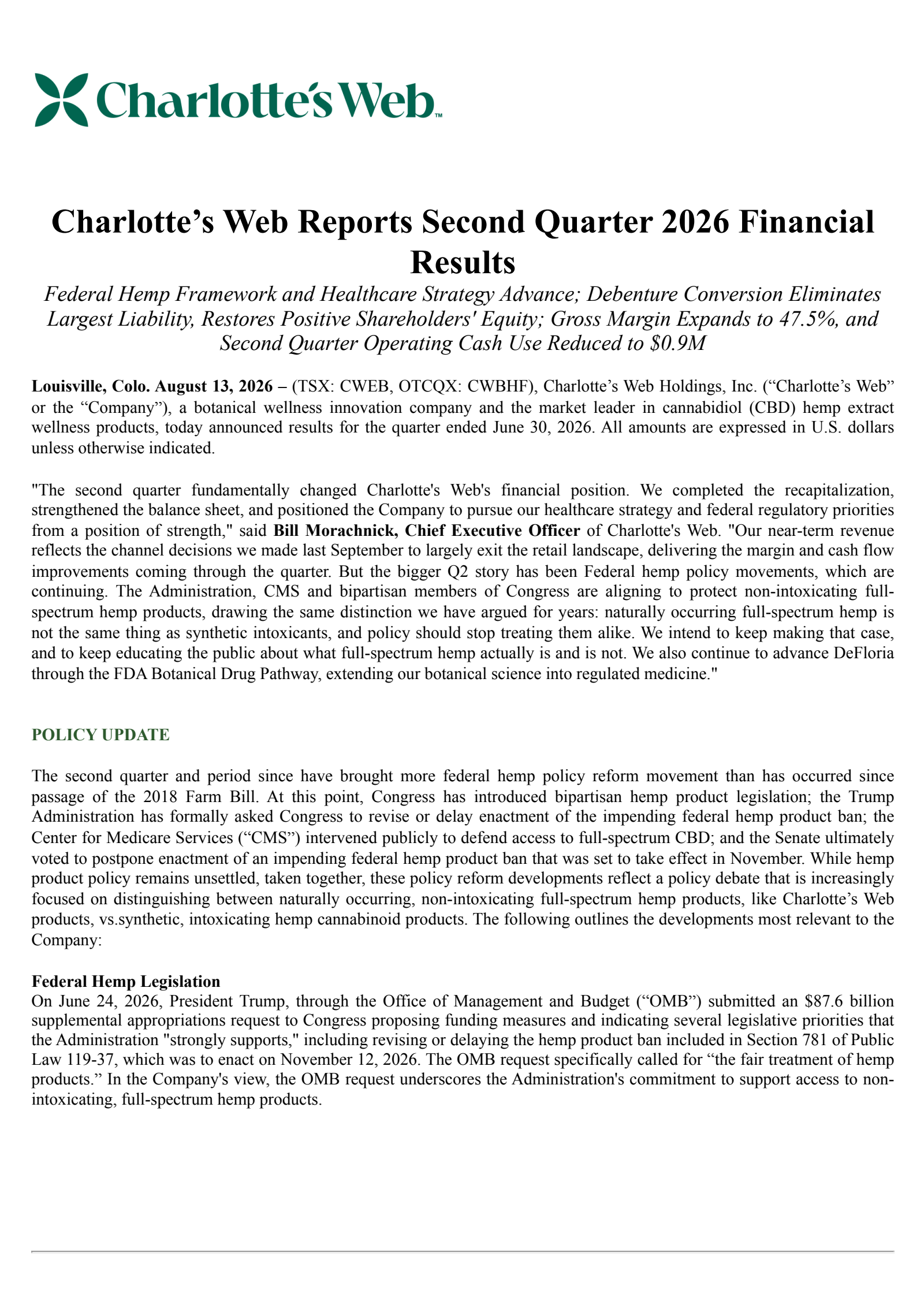 Charlotte's Web's Q2 2026 Press Release