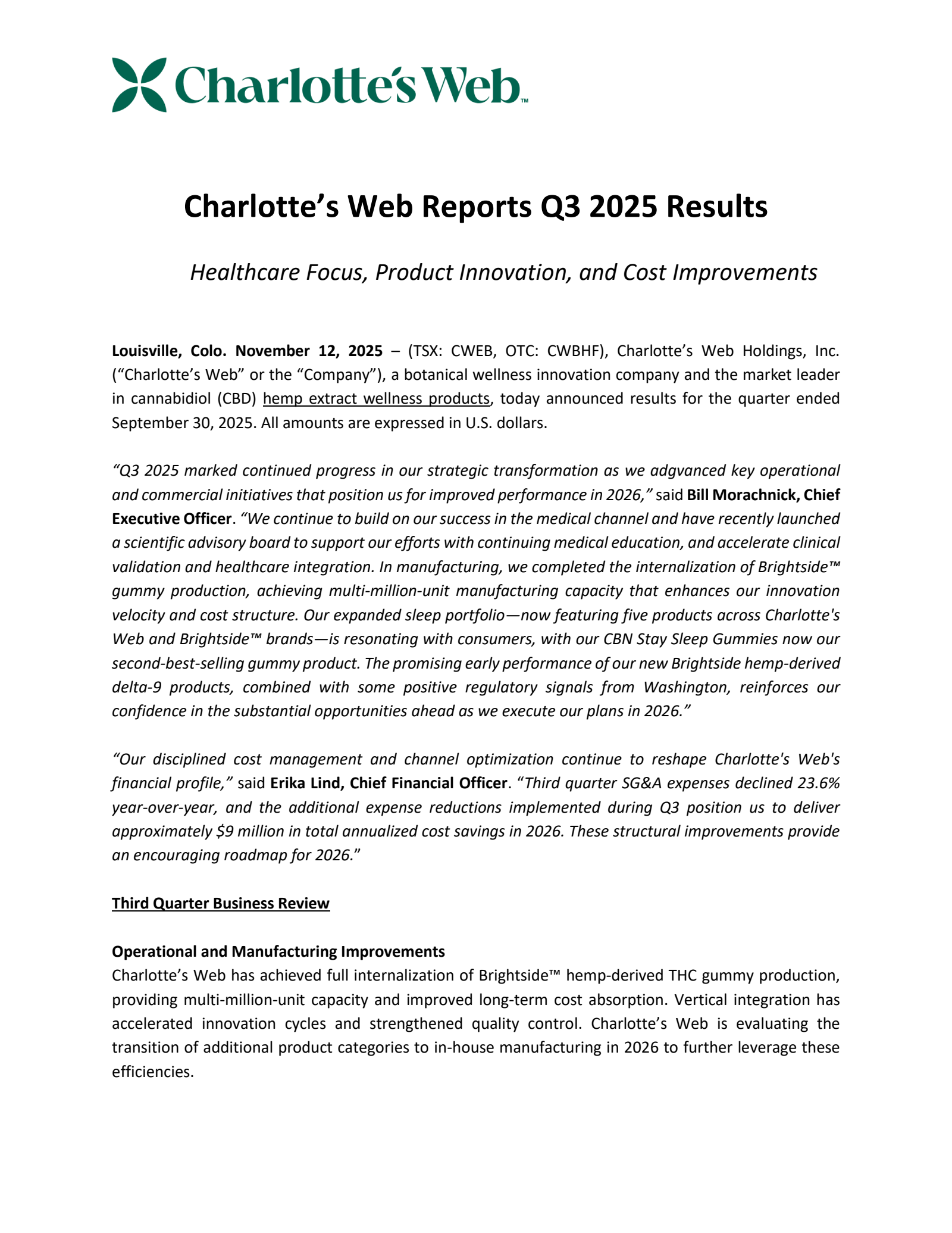 Charlotte's Web's Q3 2025 Earnings Release