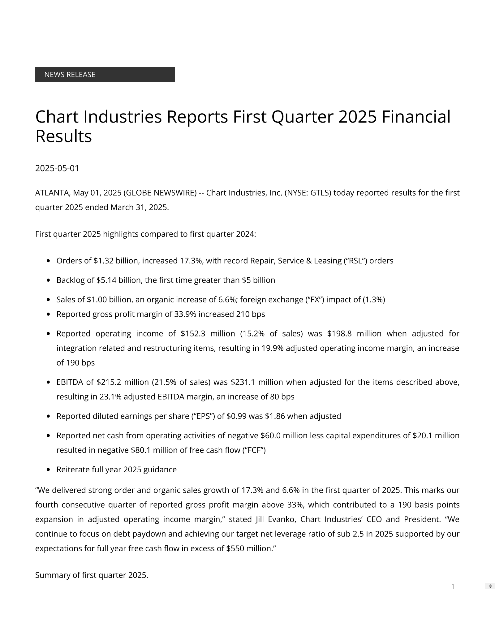 GTLS Q1 2025 Earnings Report on 5/1/2025