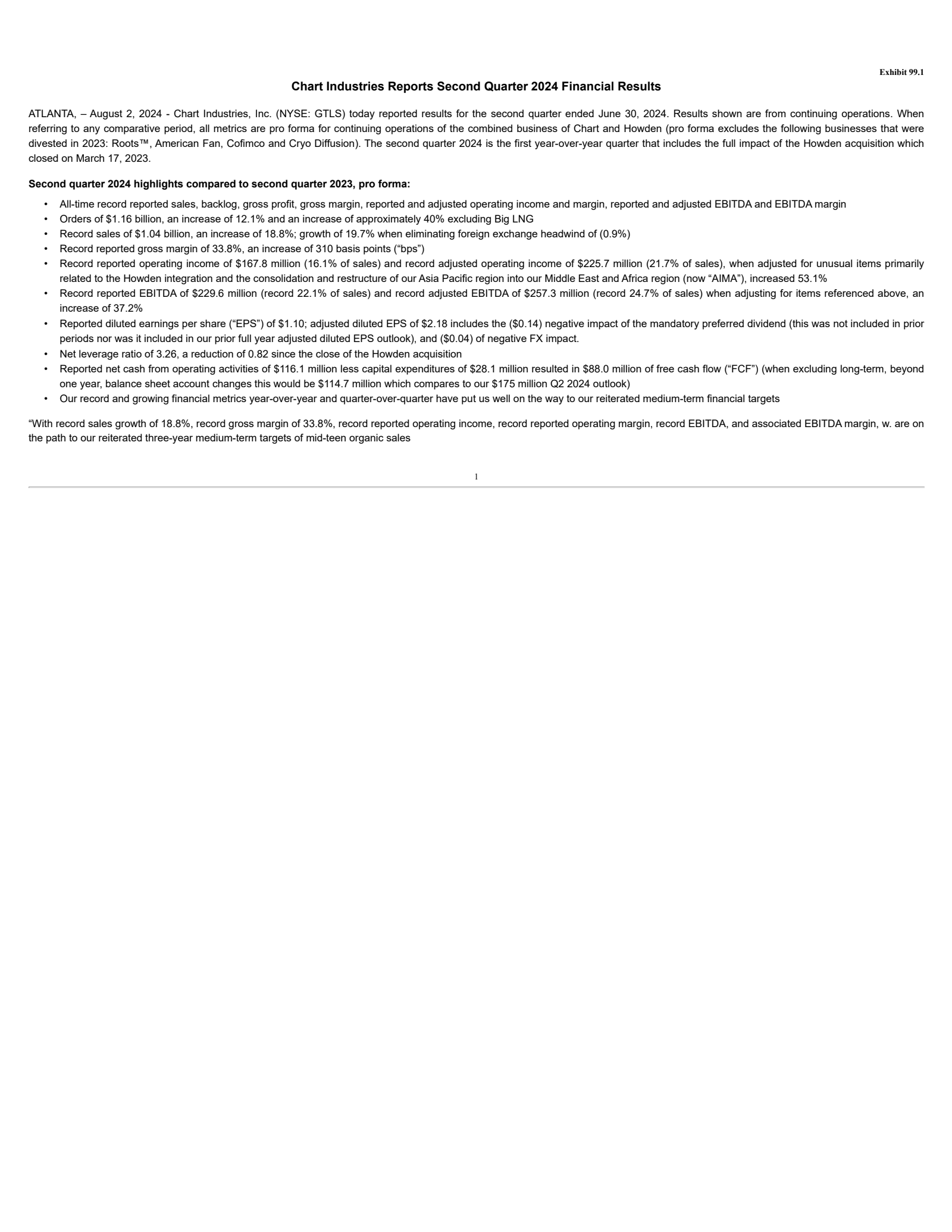 Chart Industries' Q2 2024 Press Release