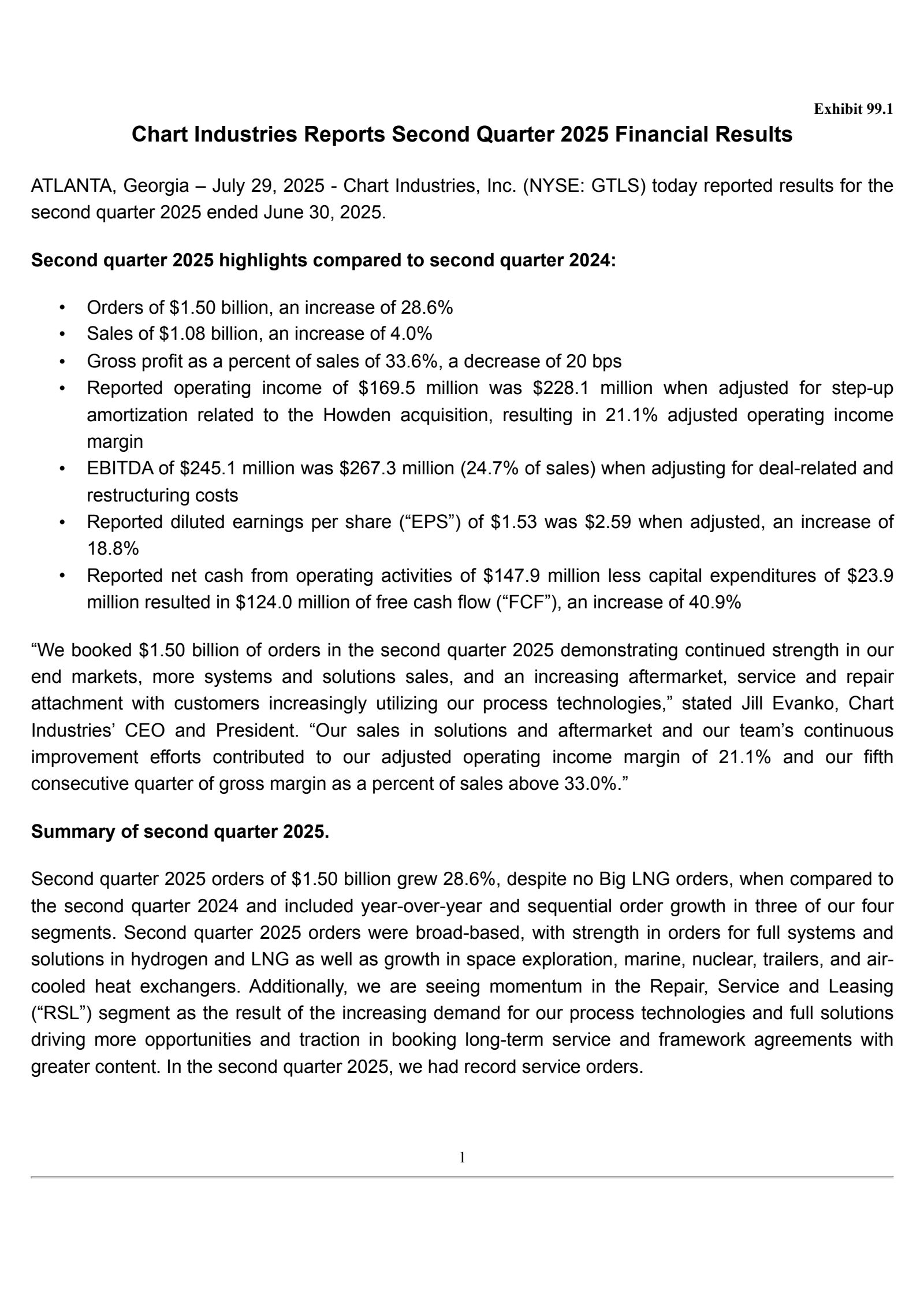 Chart Industries' Q2 2025 Press Release