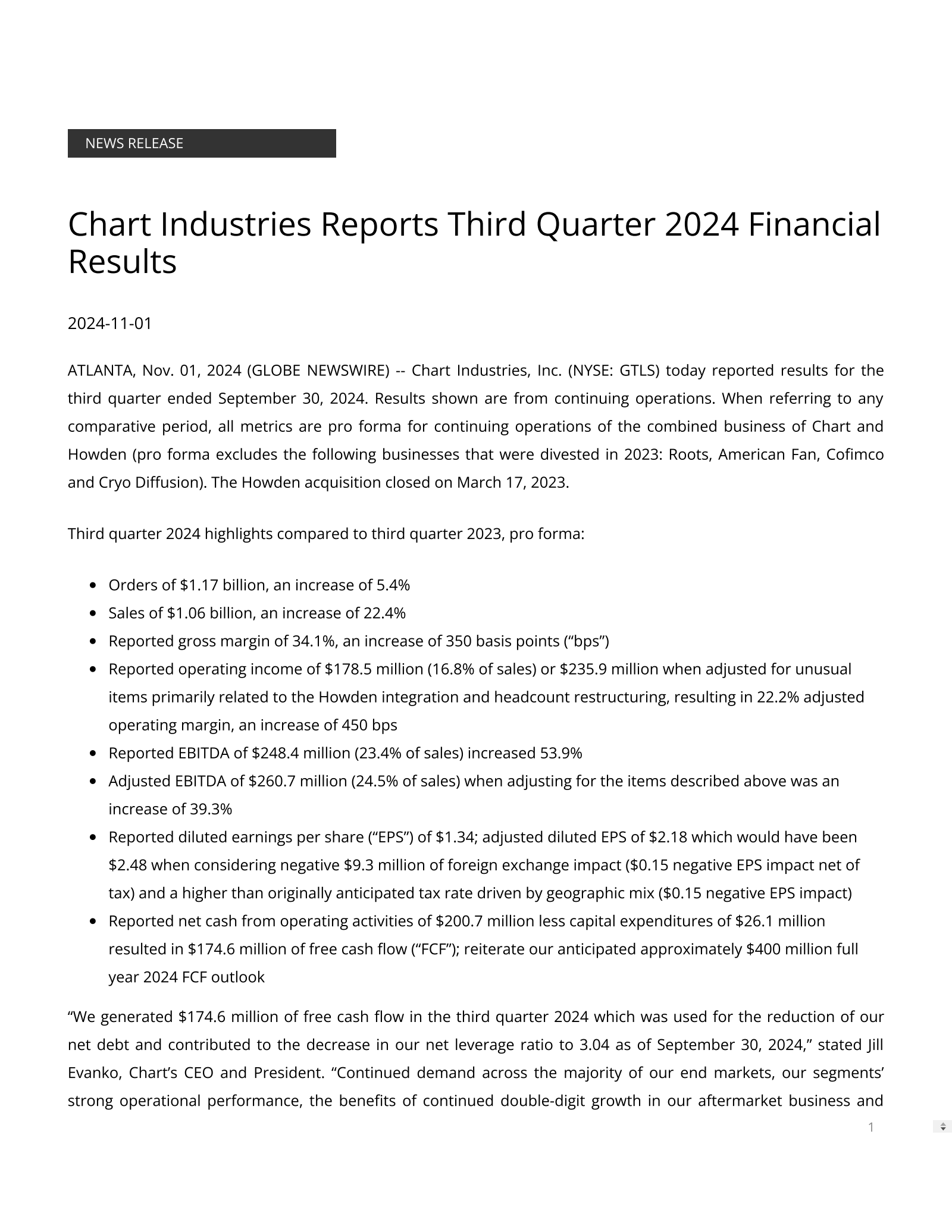 Chart Industries' Q3 2024 Press Release