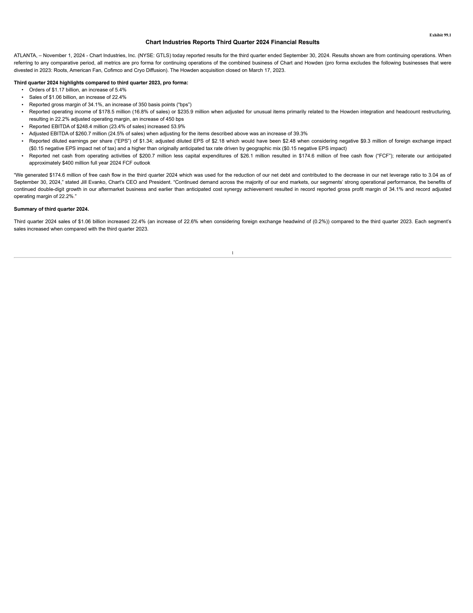 Chart Industries' Q3 2024 Press Release