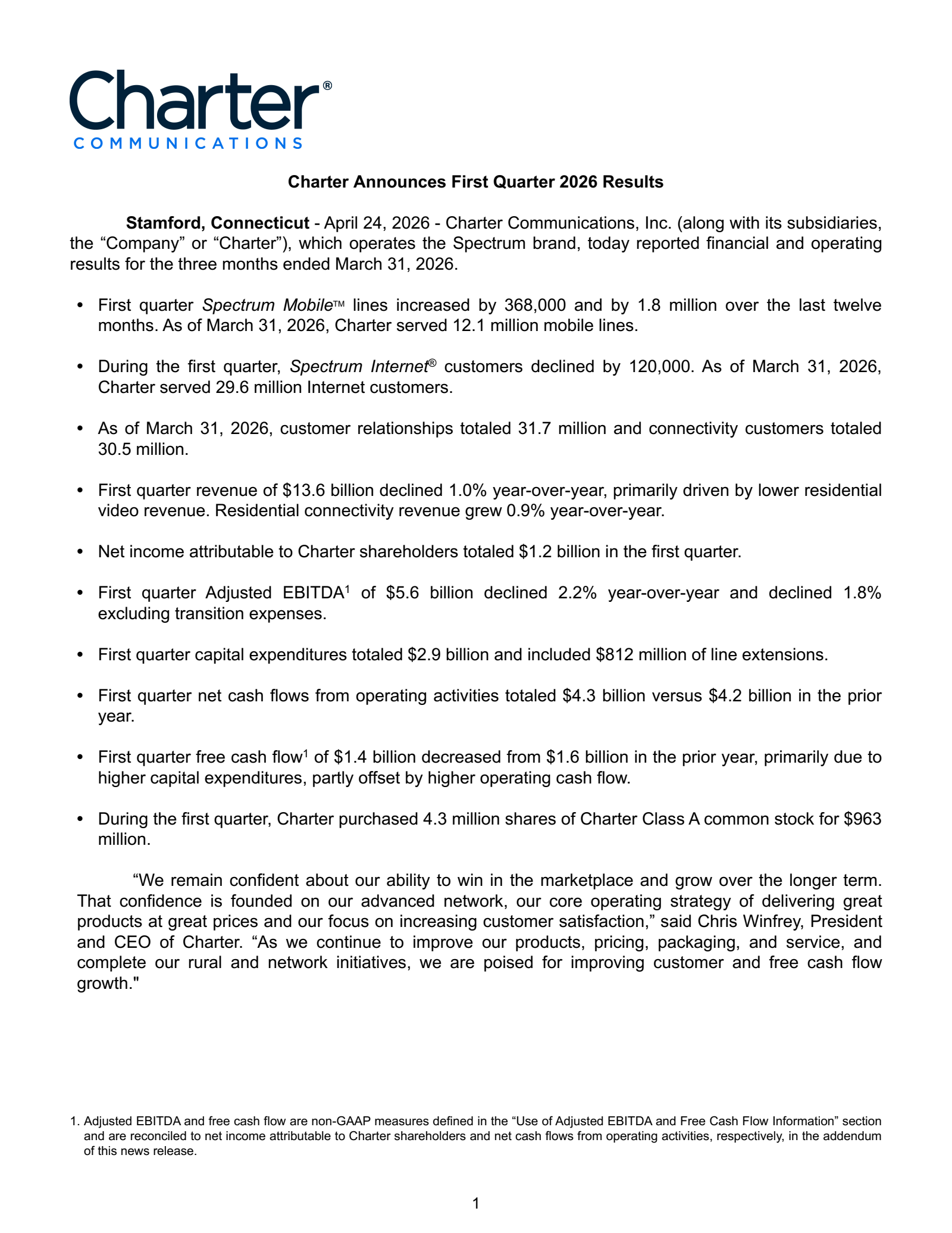 CHTR Q1 2026 Earnings Report on 4/24/2026