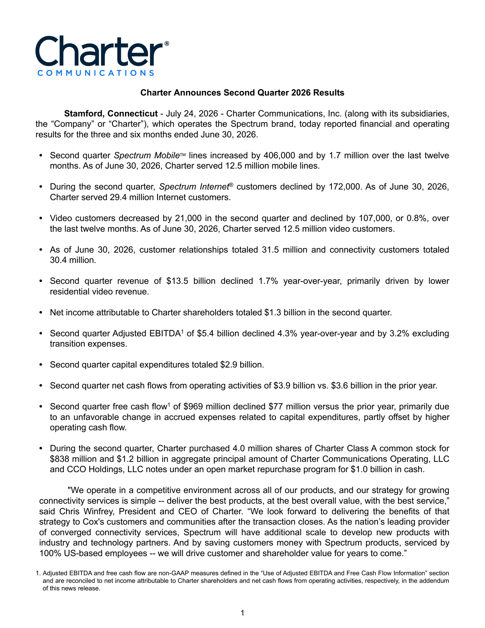 Charter Communications' Q2 2026 Press Release