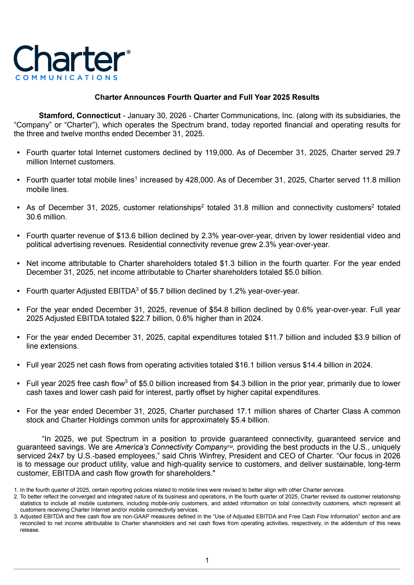 Charter Communications' Q4 2025 Press Release