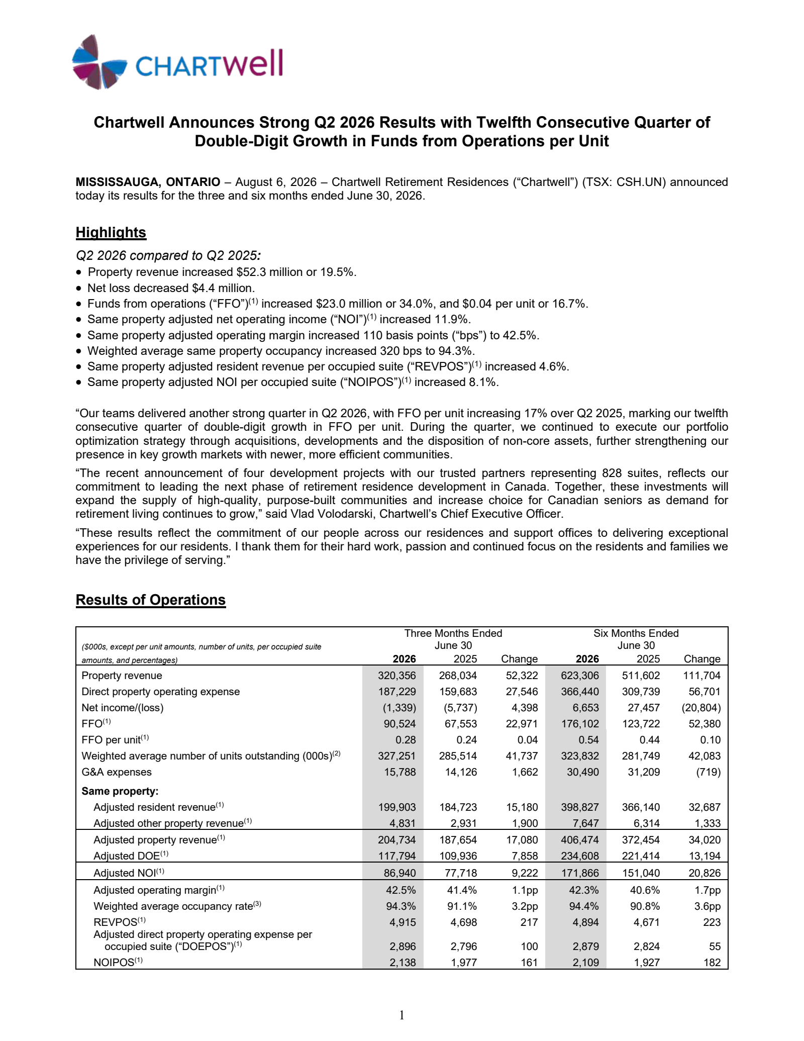 Chartwell Retirement Residences' Q2 2026 Press Release
