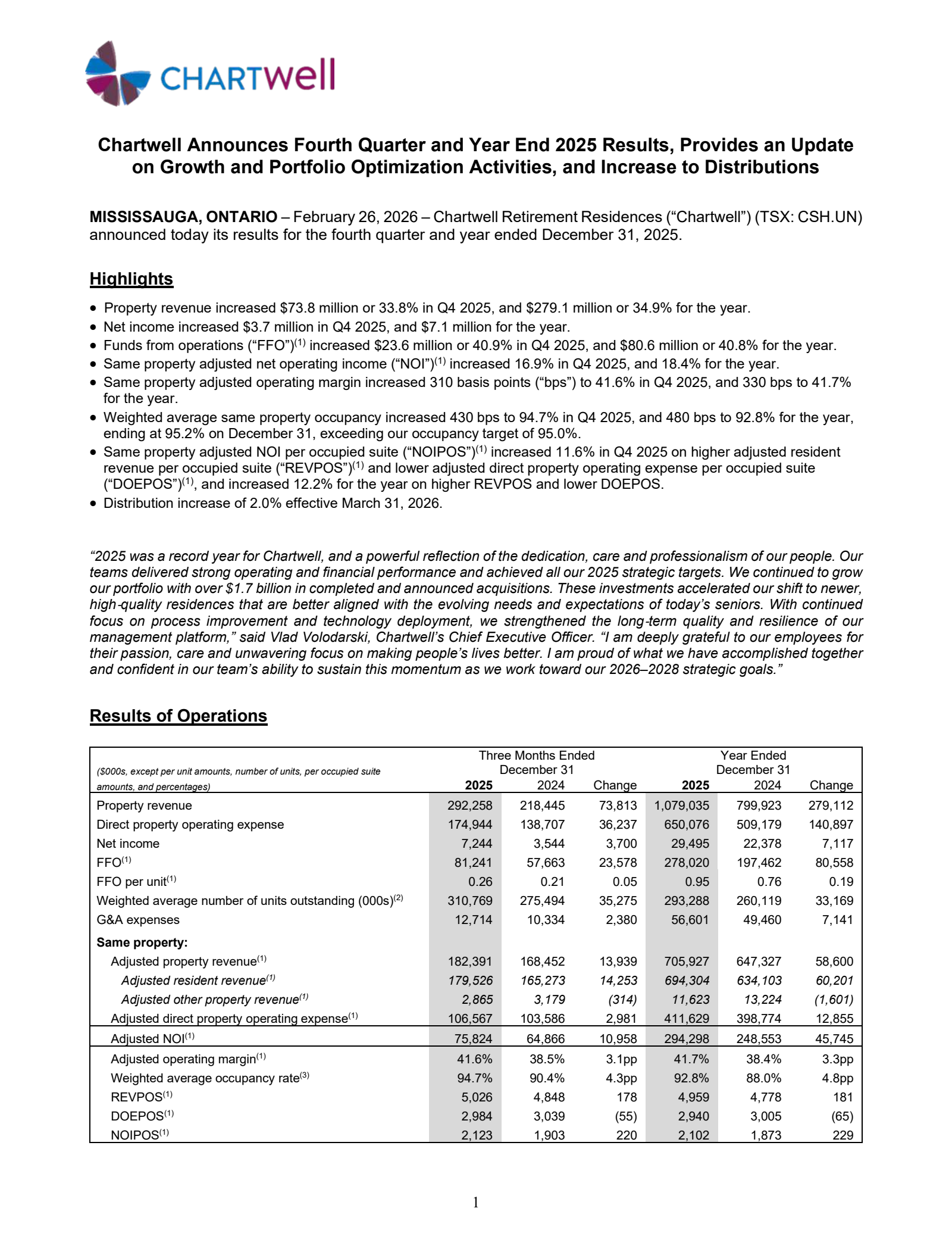 Chartwell Retirement Residences' Q4 2025 Press Release
