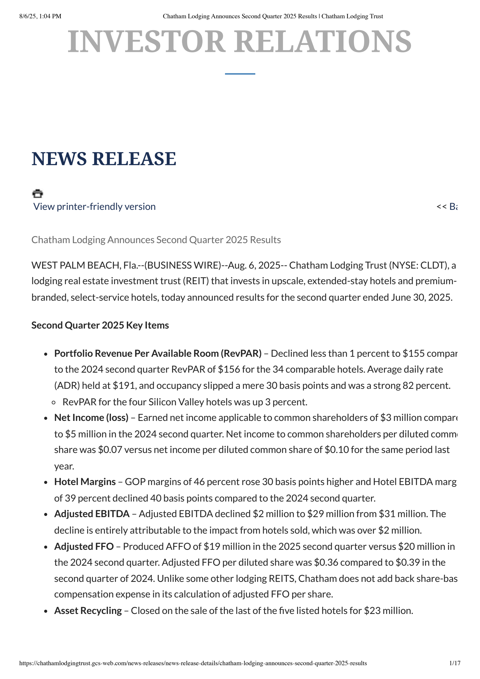 Chatham Lodging Trust's Q2 2025 Press Release