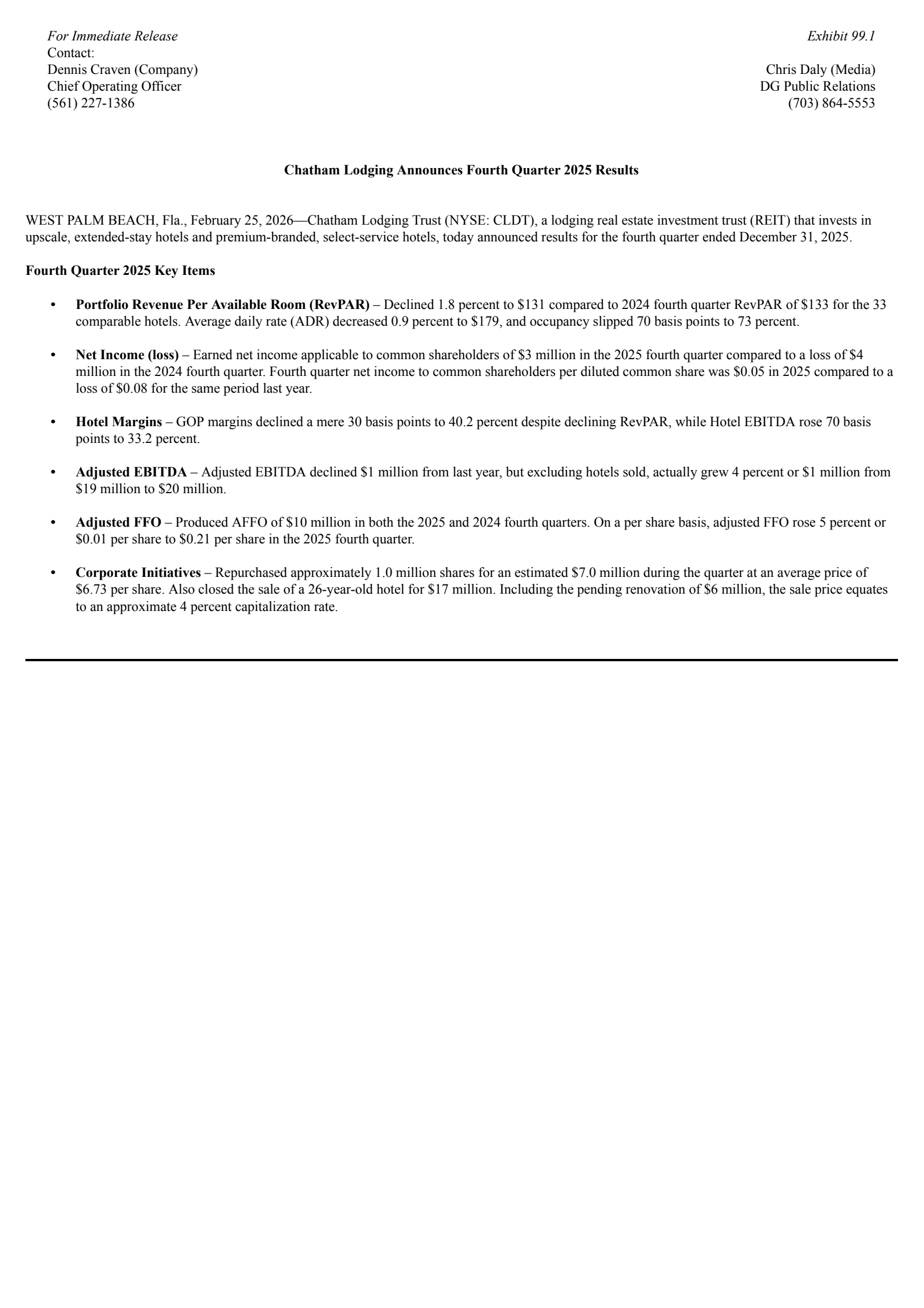 Chatham Lodging Trust's Q4 2025 Press Release
