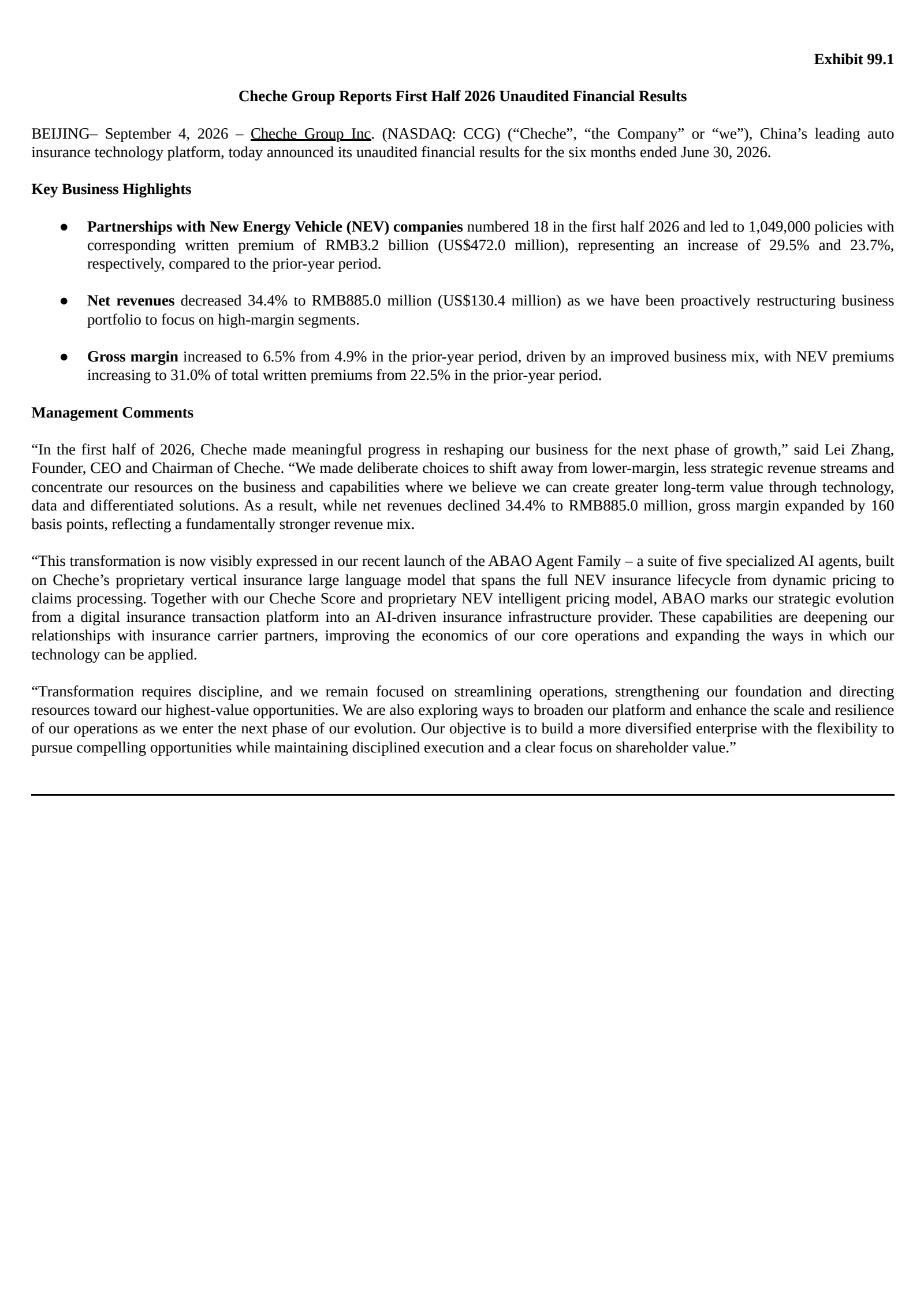 Cheche Group's H1 2026 Press Release