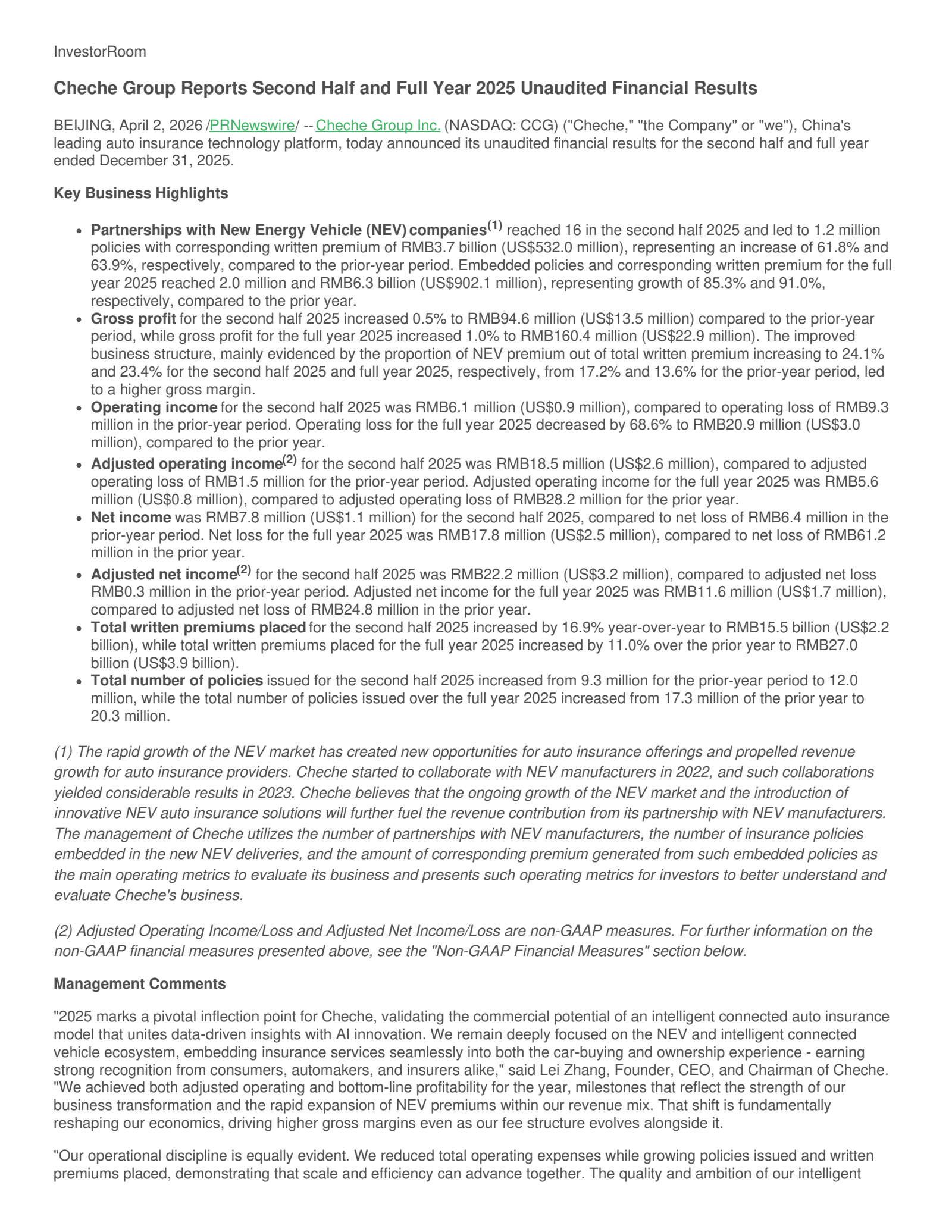 Cheche Group's H2 2025 Press Release