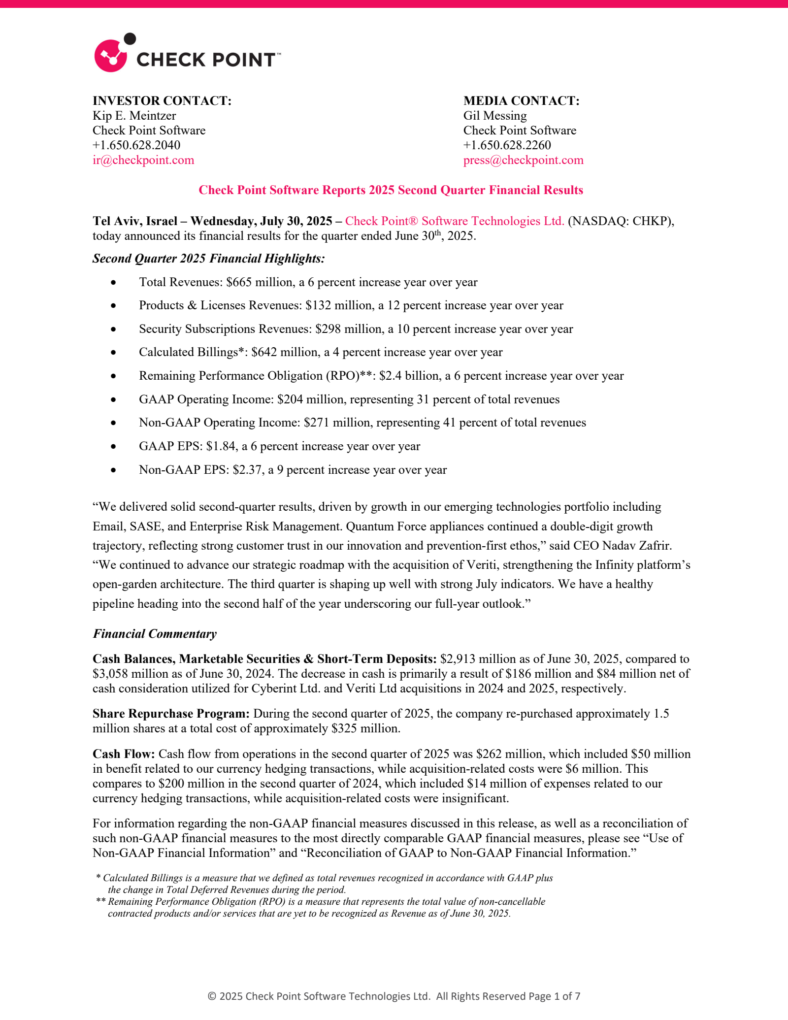 Check Point Software Technologies' Q2 2025 Press Release