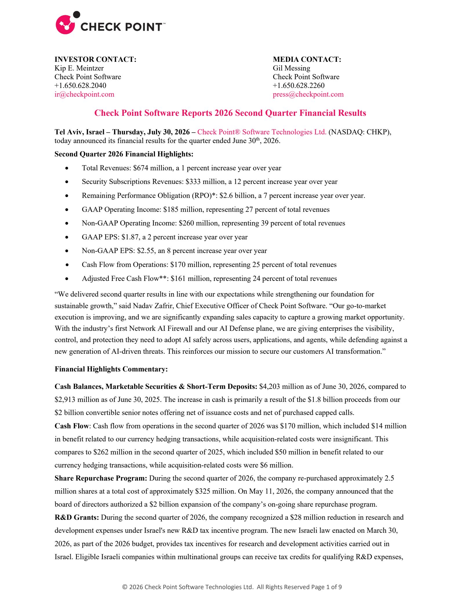 Check Point Software Technologies' Q2 2026 Press Release