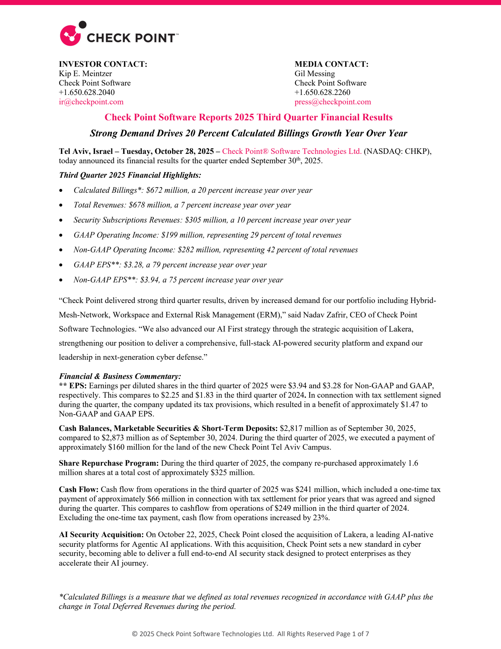 Check Point Software Technologies' Q3 2025 Earnings Release