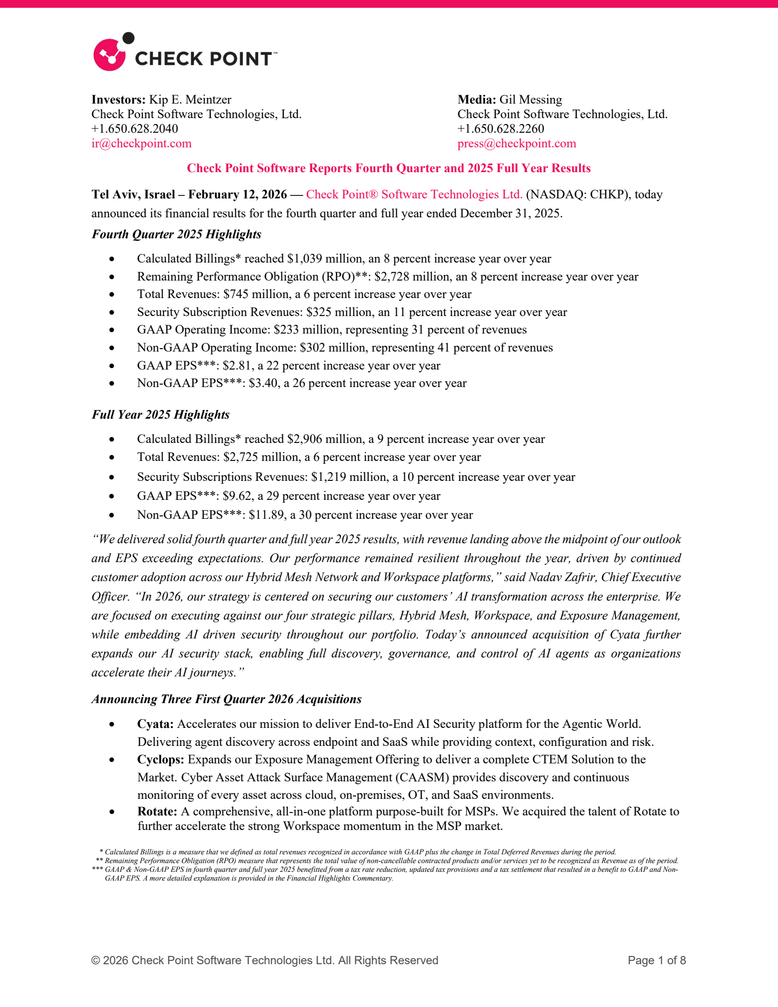 Check Point Software Technologies' Q4 2025 Press Release
