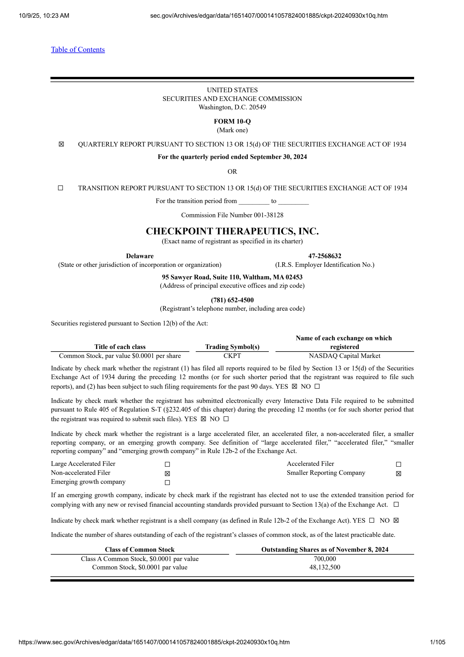 Checkpoint Therapeutics' Q3 2024 Quarterly Report