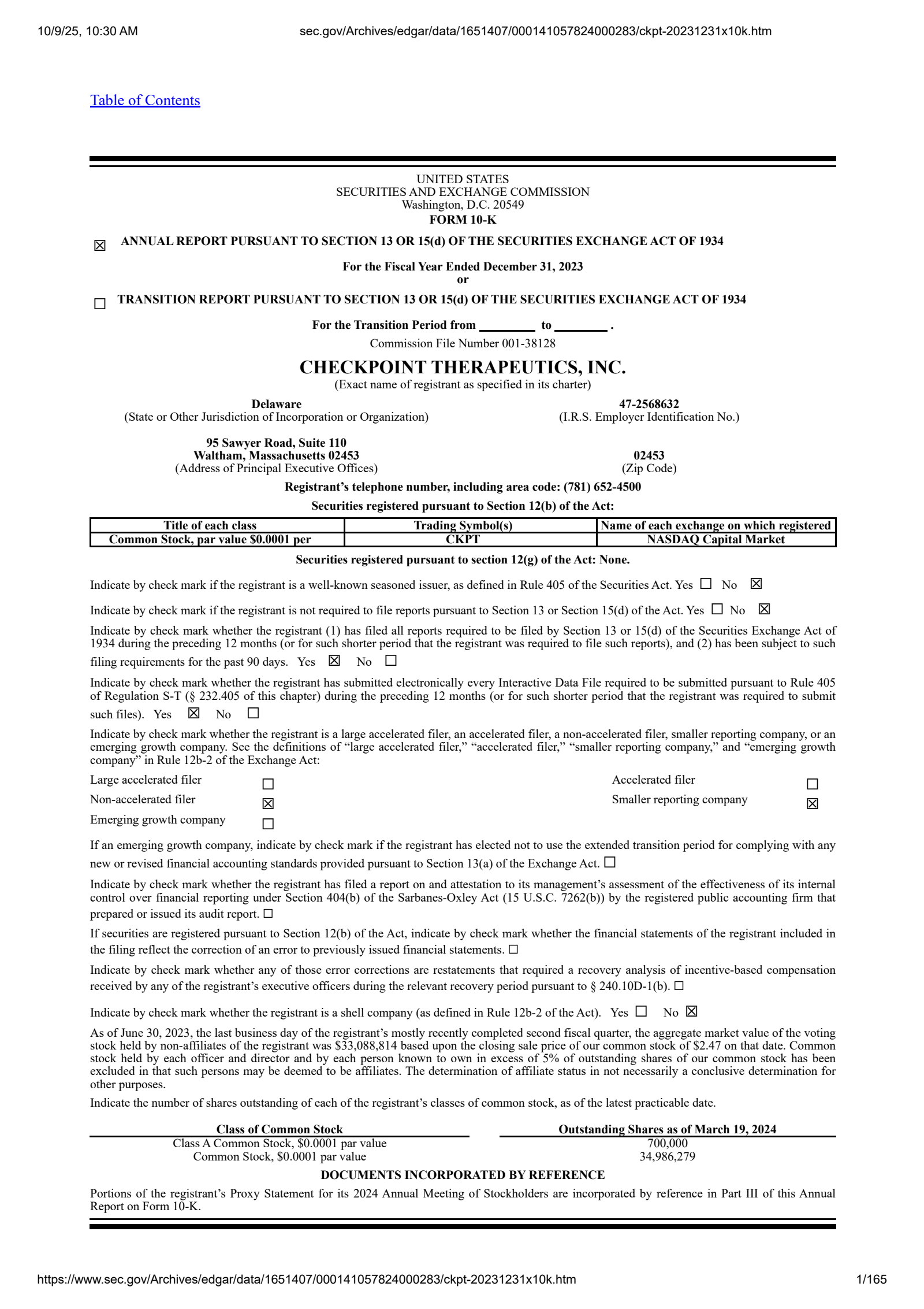 Checkpoint Therapeutics' Q4 2023 Annual Report