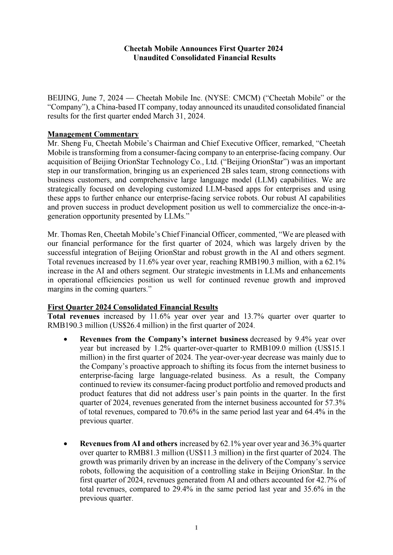 Cheetah Mobile's Q1 2024 Press Release