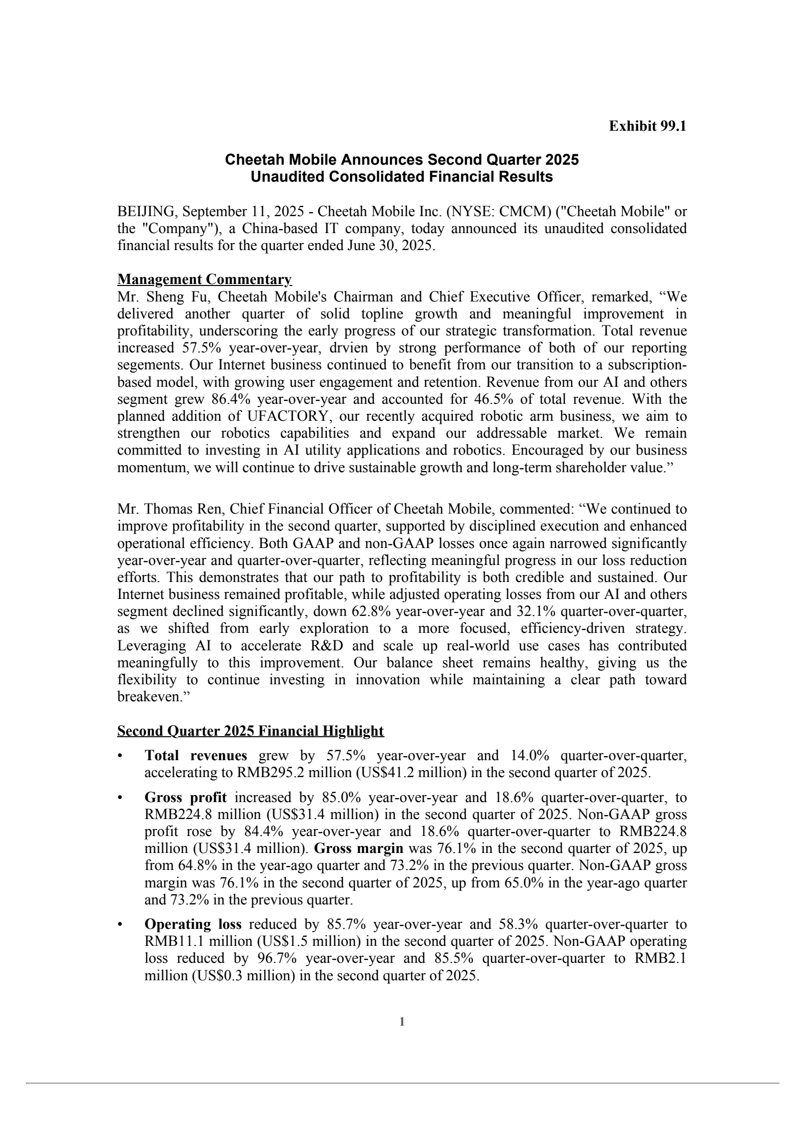 Cheetah Mobile's Q2 2025 Earnings Release